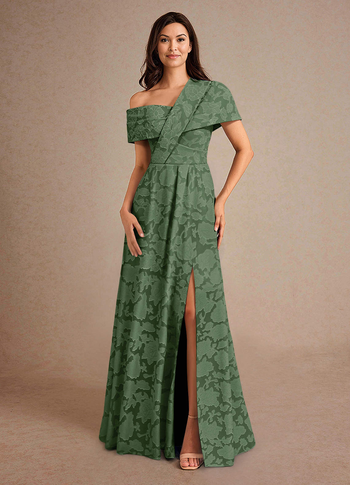 Azazie Milton Mother of the Bride Dresses Eucalyptus A-Line Pleated Floral Burnout Dress image3