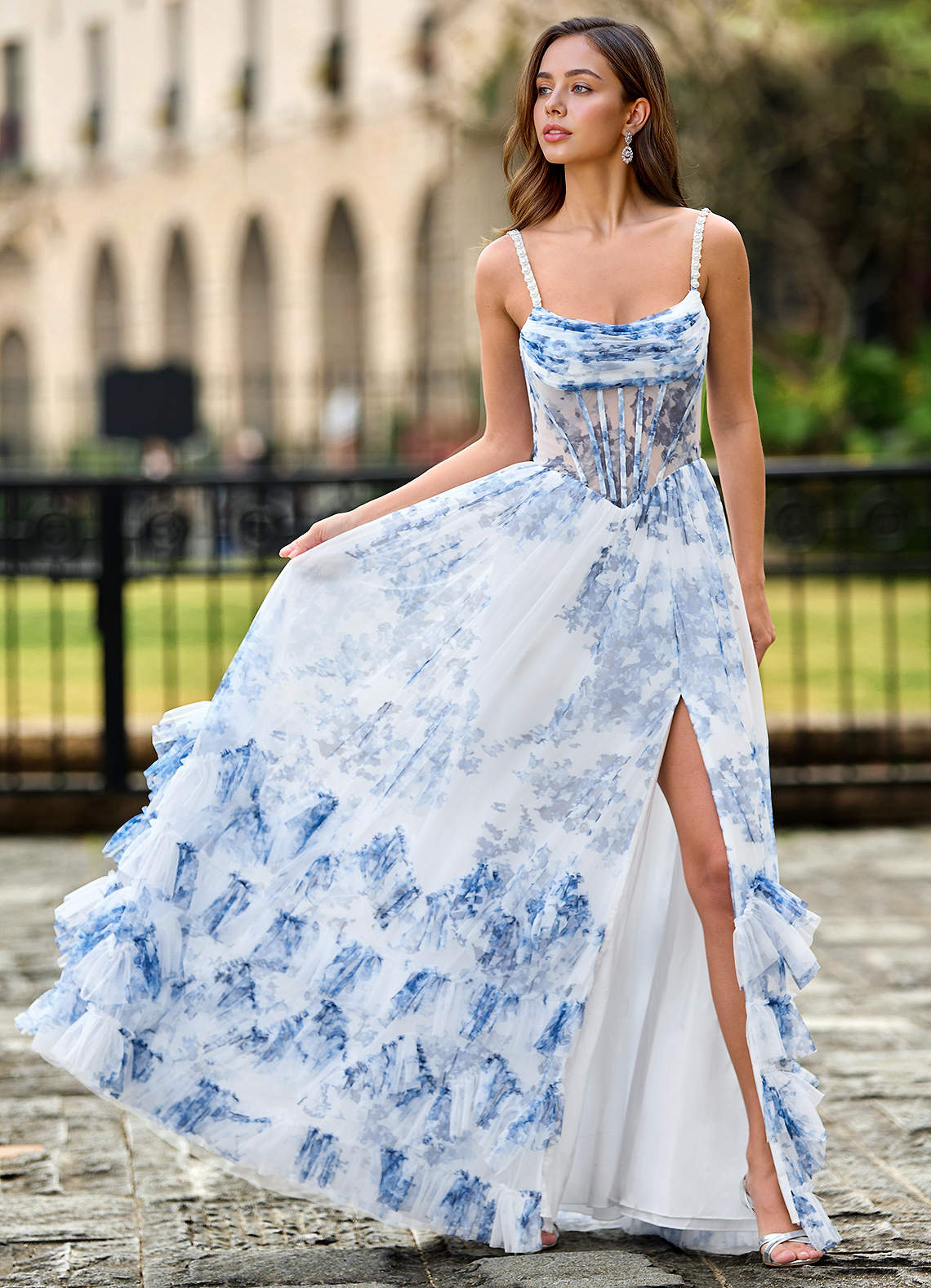 blue tulle formal dress Pomeappy Sky Prom line tulle floor length dev-position-all:number:140 Strapless Bow-waist Pleated Satin Color:Dark Garnet