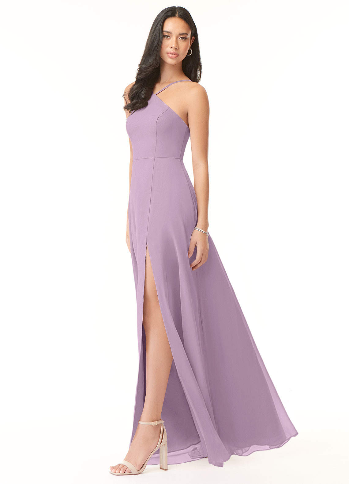 Azazie Bailey Bridesmaid Dresses A-Line Halter Side Slit Chiffon Floor-Length Dress image1