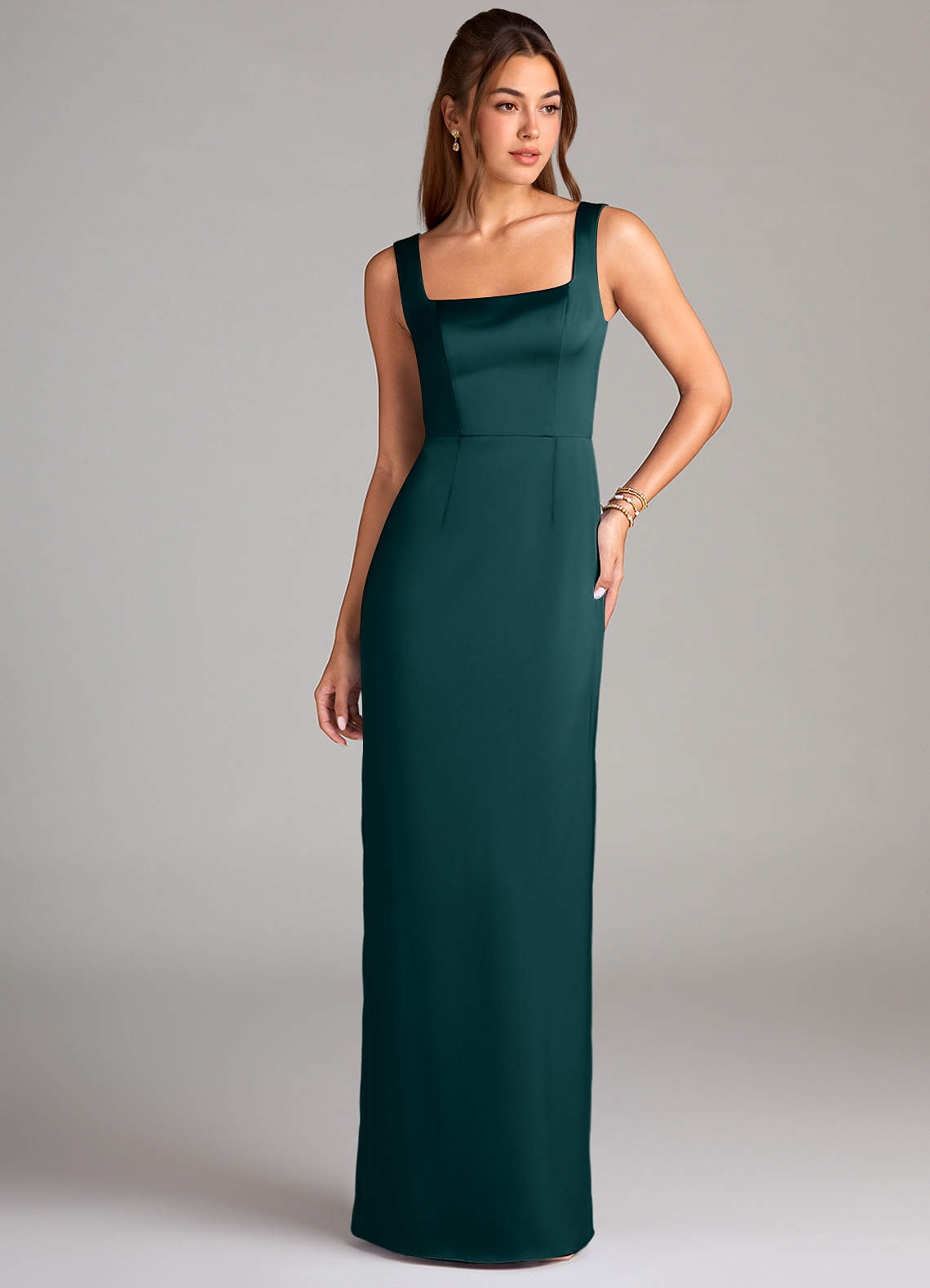 Azazie Flori Robes de demoiselle d'honneur Robe Fourreau en Satin extensible Fente Latérale Vert Pin image1