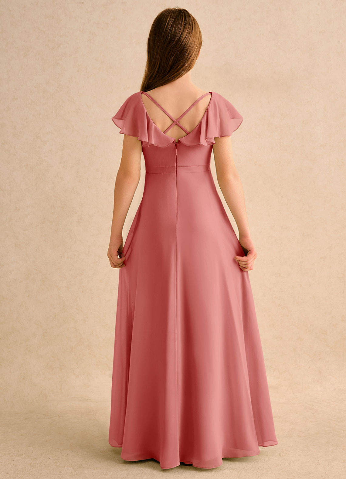Azazie Nari Girls Formal Vestidos de florista Vestido Rosa Antiga de Chiffon de Linha A com com Mangas image6