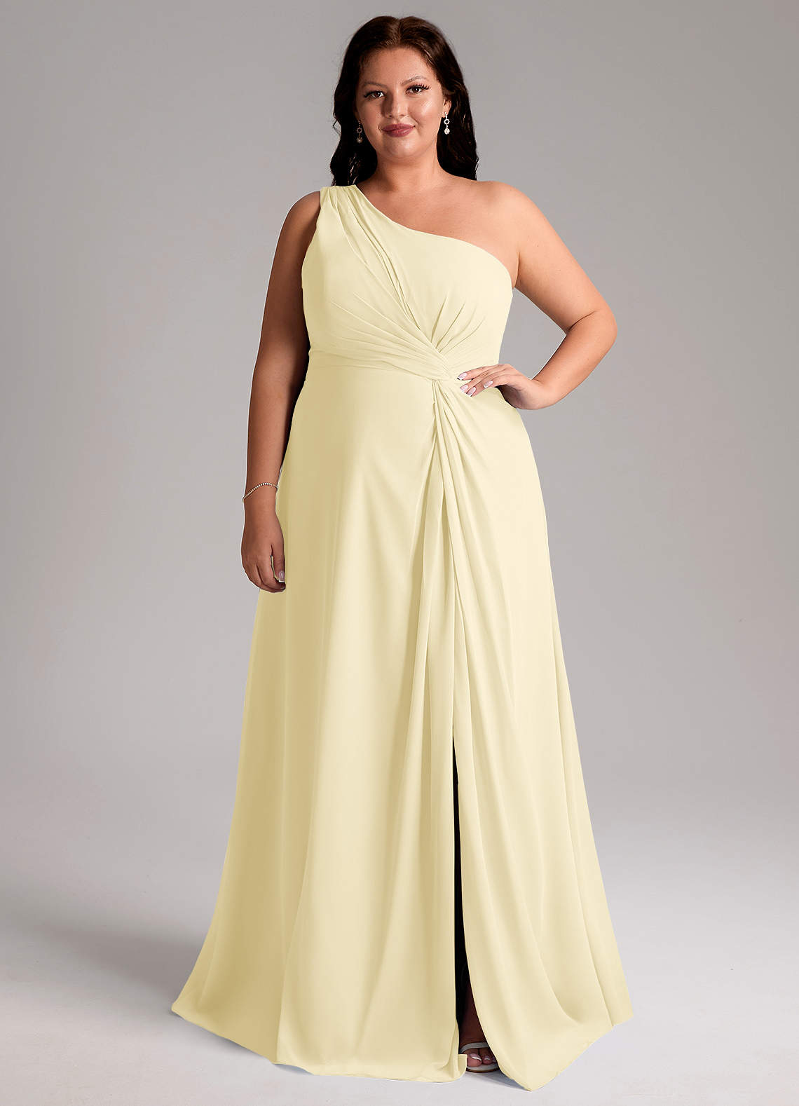 Azazie Brooke Bridesmaid Dresses Lemon Sorbet A-Line One Shoulder Chiffon Dress image7
