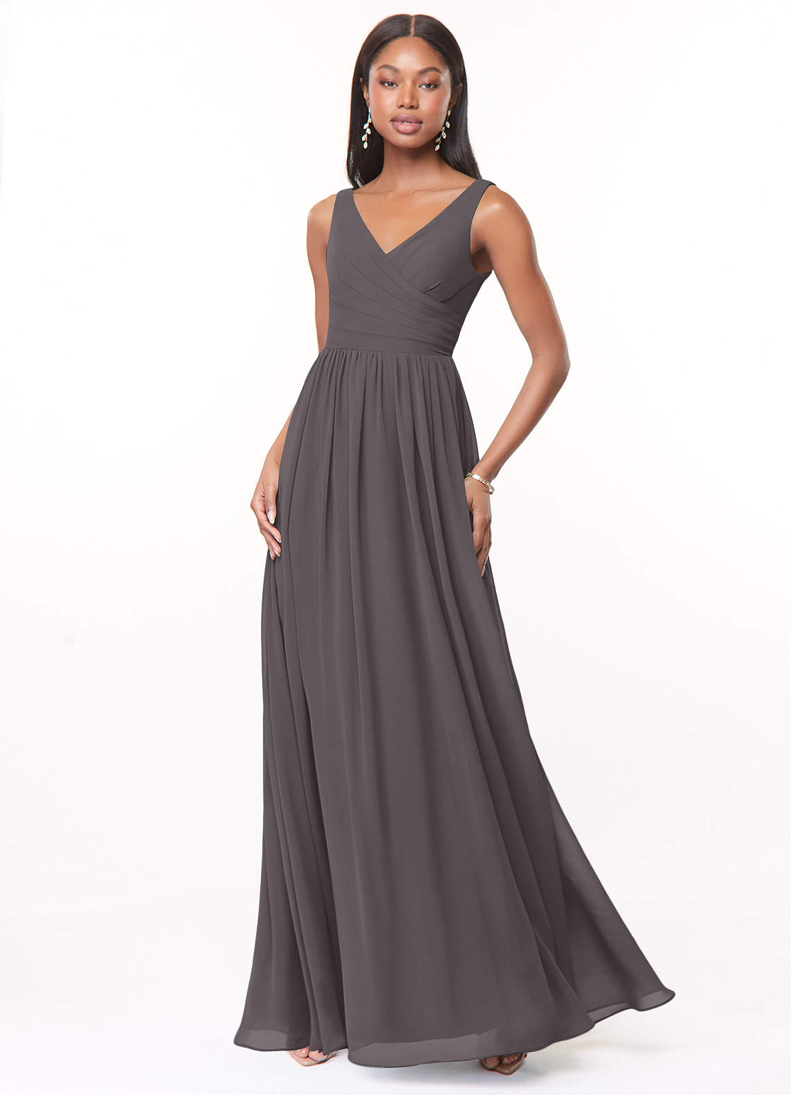 Azazie Keyla Bridesmaid Dresses Steel Grey A-Line V-Neck Pleated Chiffon Dress image1