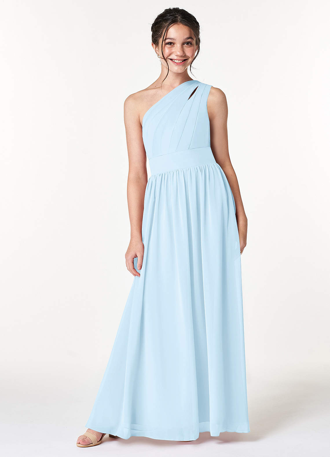 Azazie Molly Junior Vestido Céu Azul de Chiffon de Linha A com Plissado image1