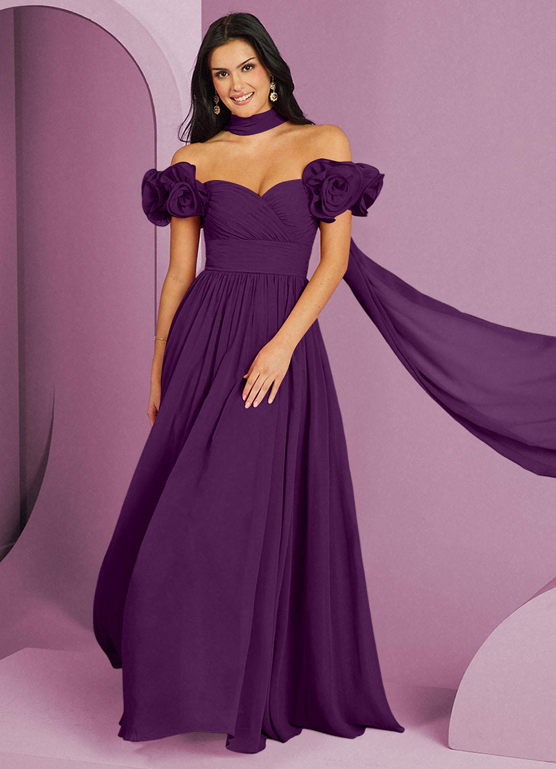 Barbie ♥ Azazie Jurken voor bruidsmeisjes Converteerbaar Jurk van Chiffon met A-Lijn Off the Shoulder Druif image1