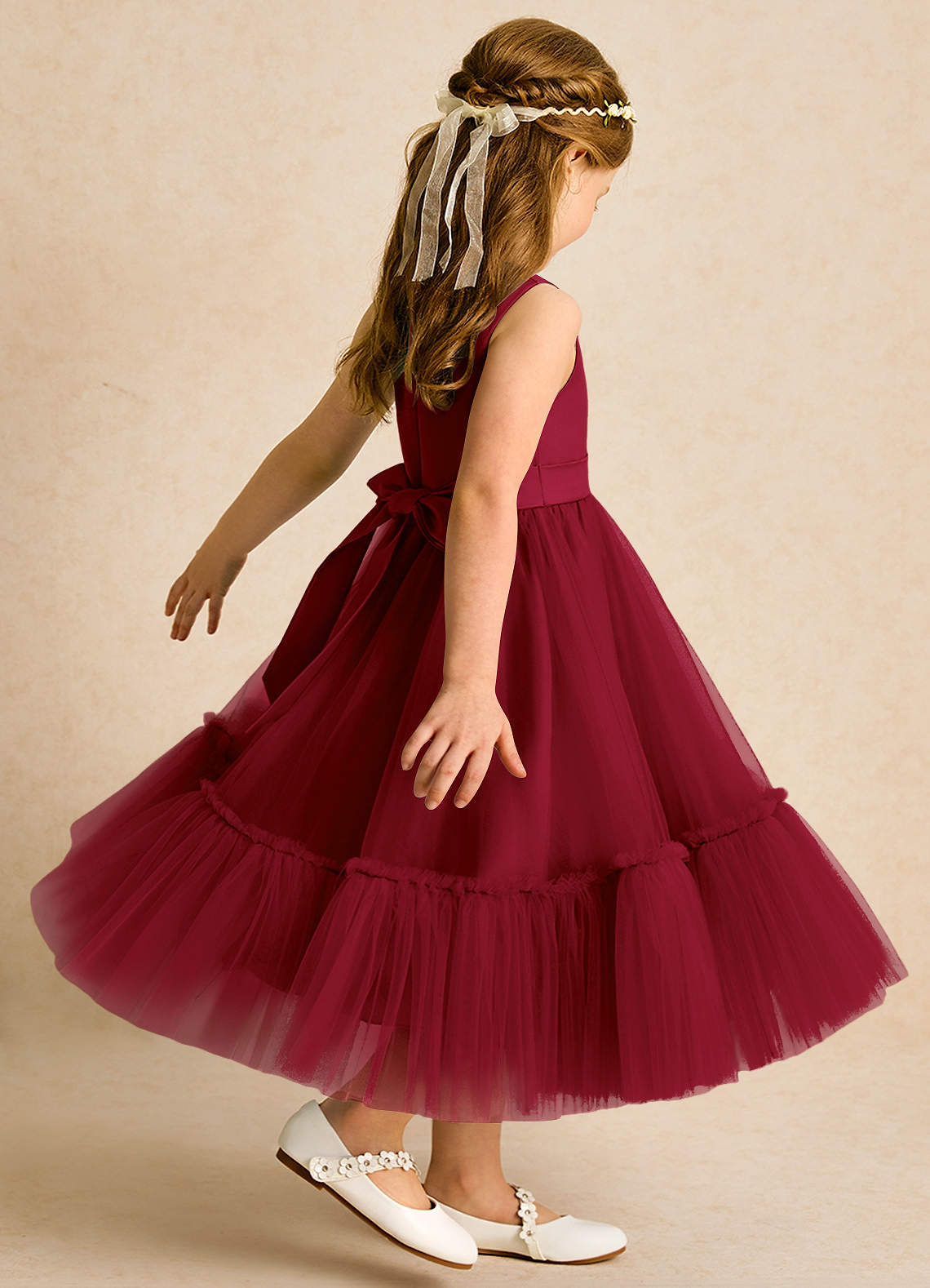 Azazie Miracle Flower Girl Dresses Burgundy A-Line Bow Matte Satin Dress image4