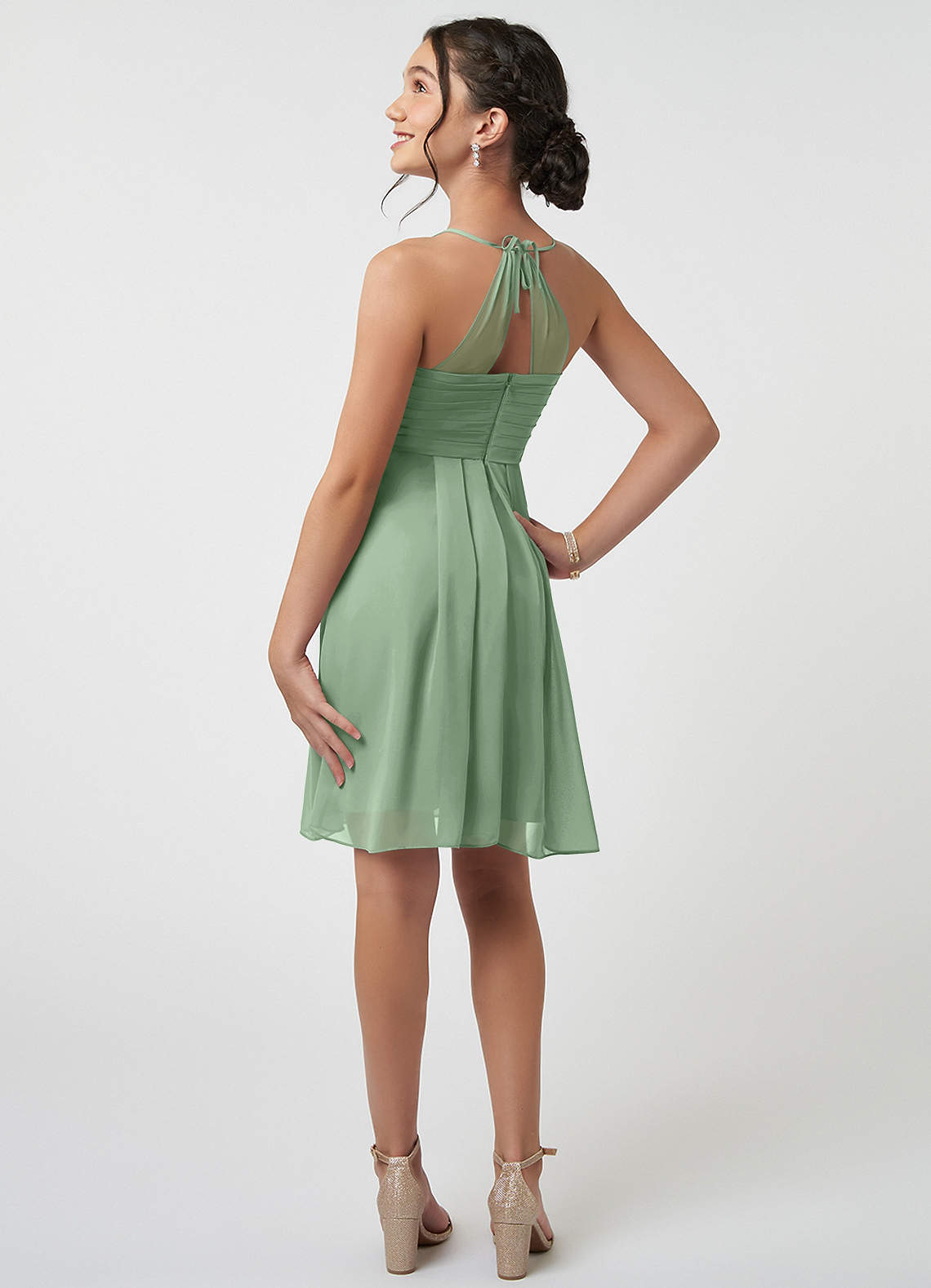 Azazie Ginny Junior Agave A-Line Pleated Chiffon Dress image3