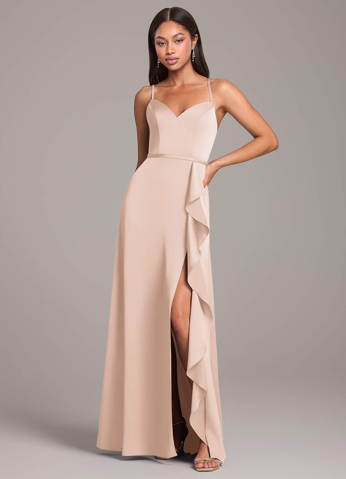 Azazie Naeem Robes de demoiselle d'honneur Robe Trapèze en Satin extensible Rose Pâle image1