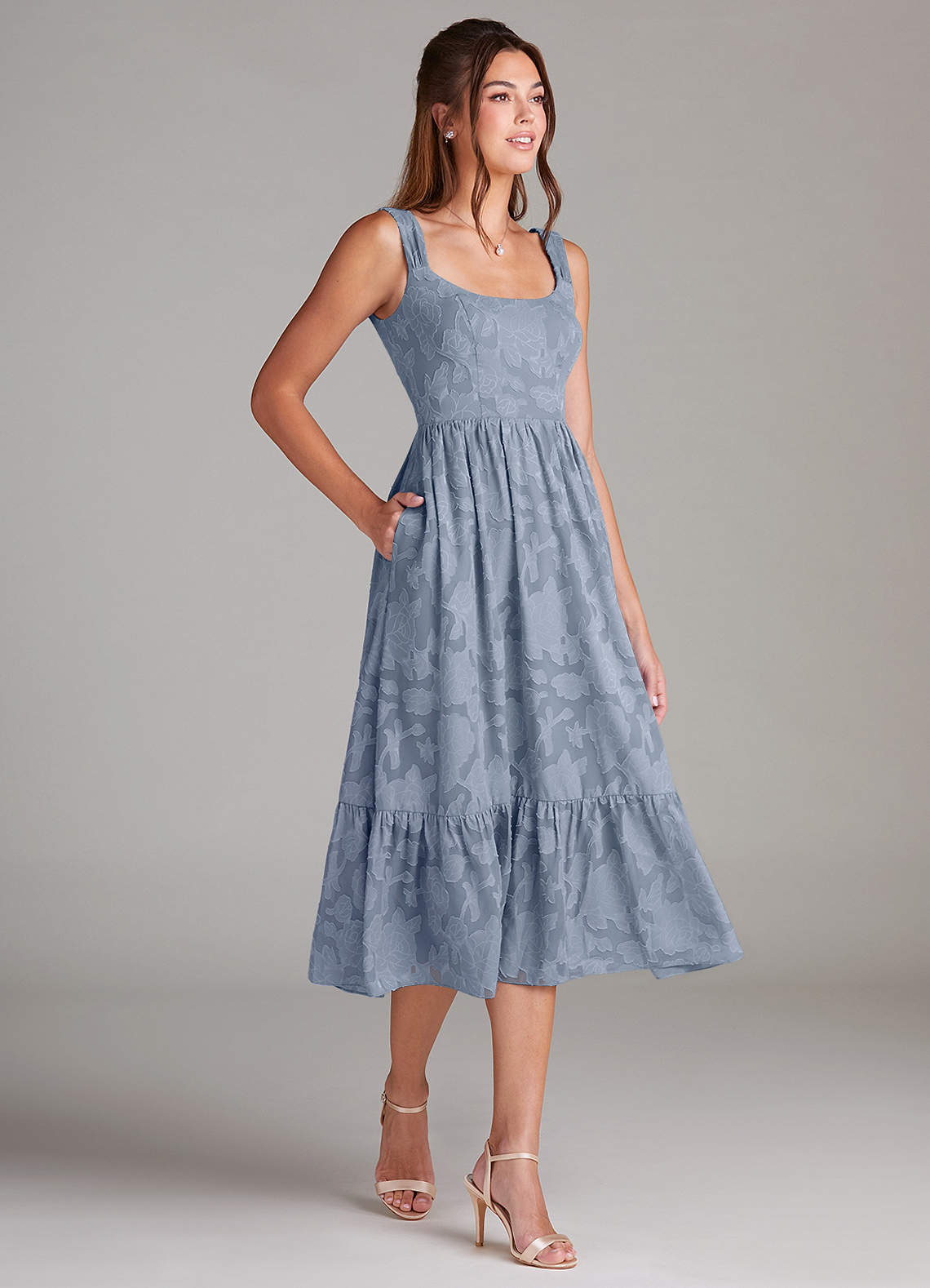 Azazie Alissa Bridesmaid Dresses Dusty Blue A-Line with Pockets Floral Burnout Dress image3