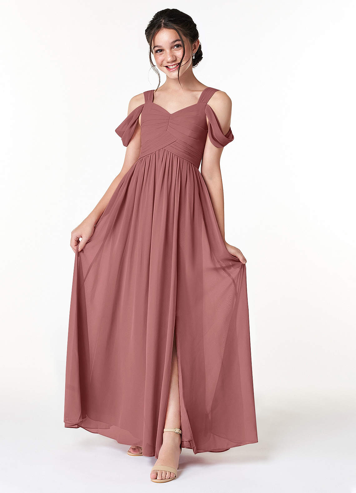 Azazie Lianne Junior Amethyst A-Line Off the Shoulder Chiffon Dress image1