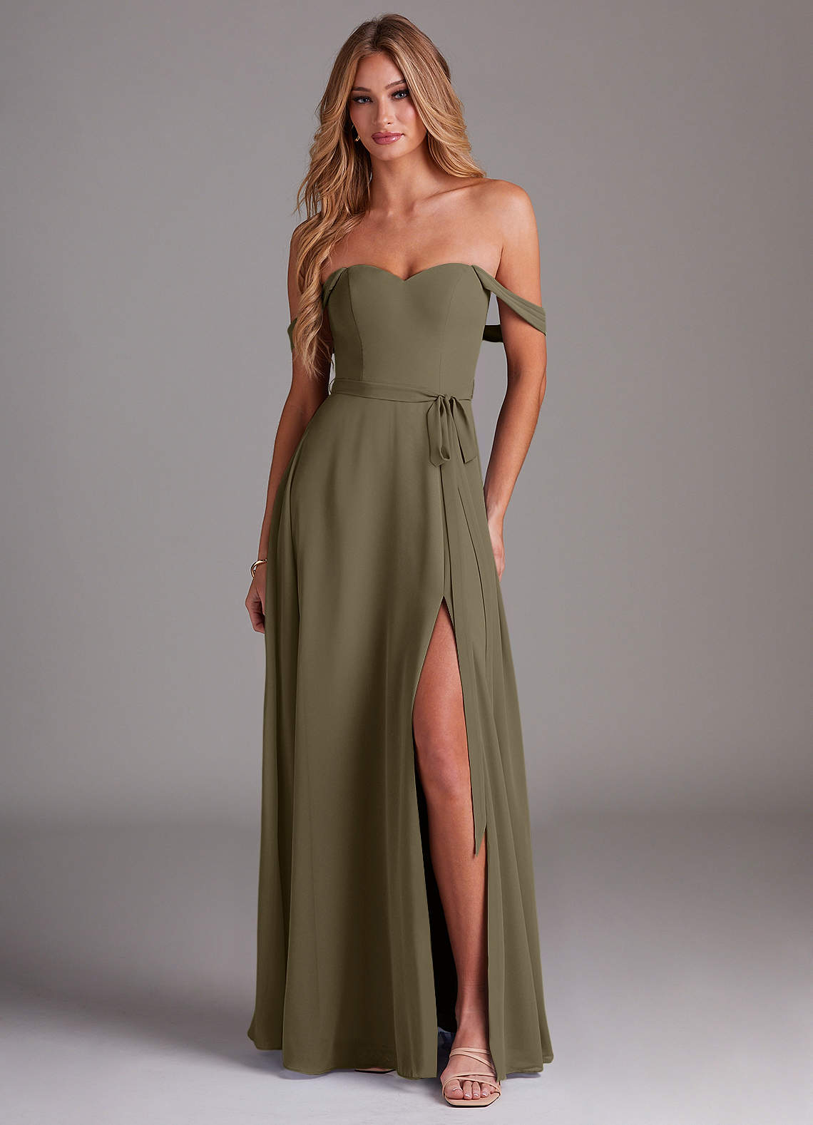 Azazie Aaron Brautjungfernkleider Wandelbar A-Linie Schulterfrei Chiffon Kleid Weidengrün image1