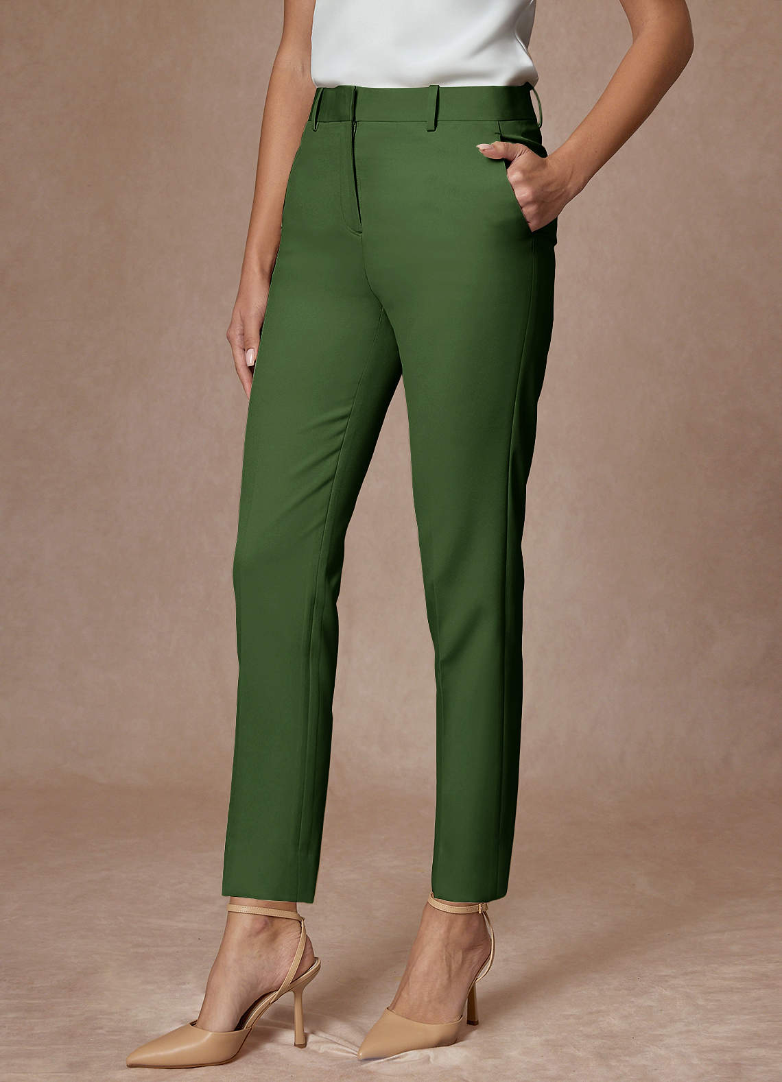 front Whitney Olive Structured Stretch Full Length Dress Pants