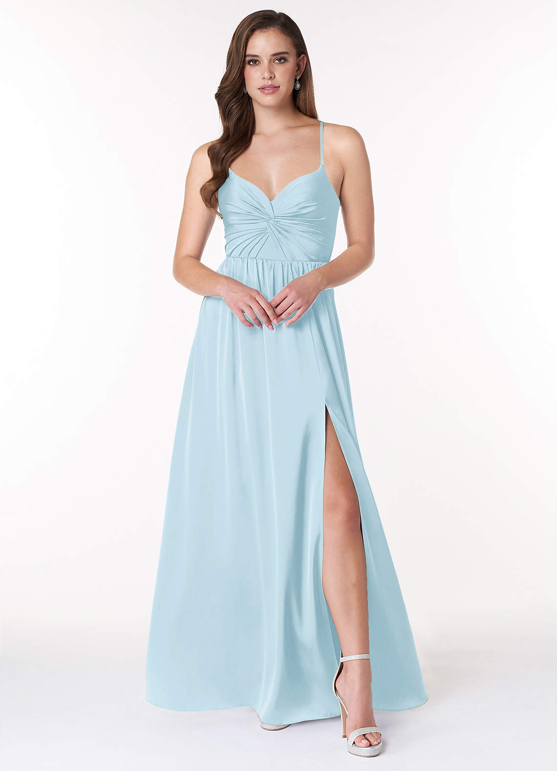 Azazie Raya Bridesmaid Dresses Sky Blue A-Line V-Neck Pleated Stretch Satin Dress image1