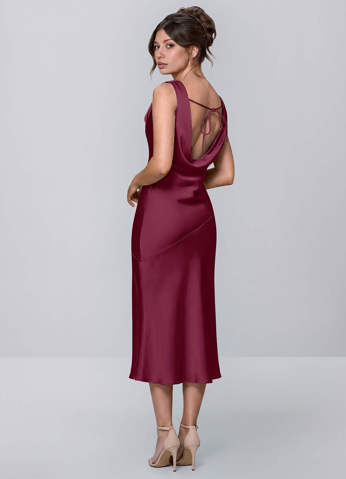 mulberry formal dresses Inez Cowl Satin Tie-Back Midi Dress Sale Wedding Guest