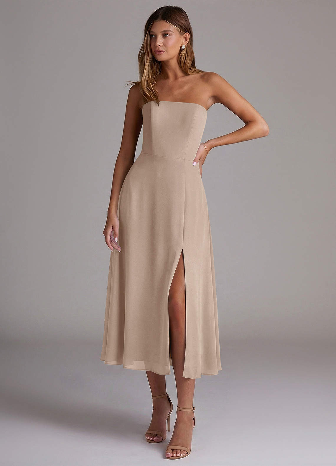 tea length bridesmaid dresses chiffon Azazie Wren Two Piece Beach Wedding cf-color-oregano Color:Swan White/Anne Black Waist 65cm