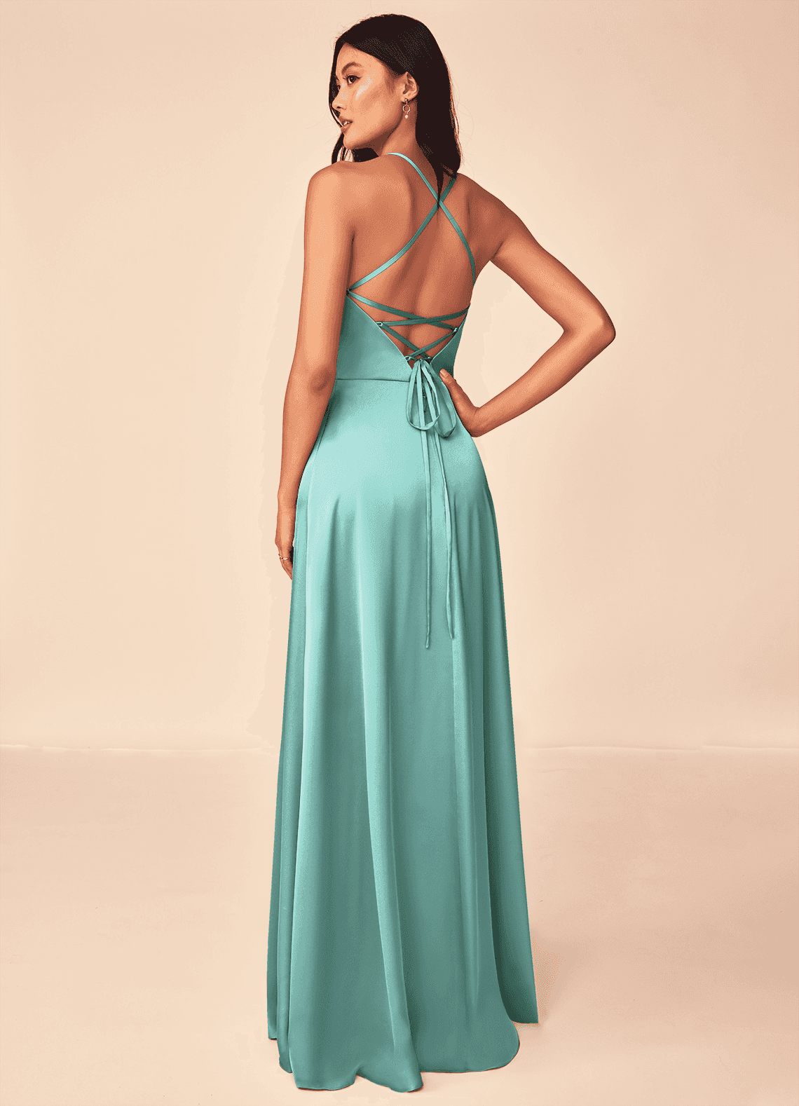 Azazie Mei Vestidos de damas de honor Vestido de Aqua de Satén Elástico de Corte en A con Cuello en V image1