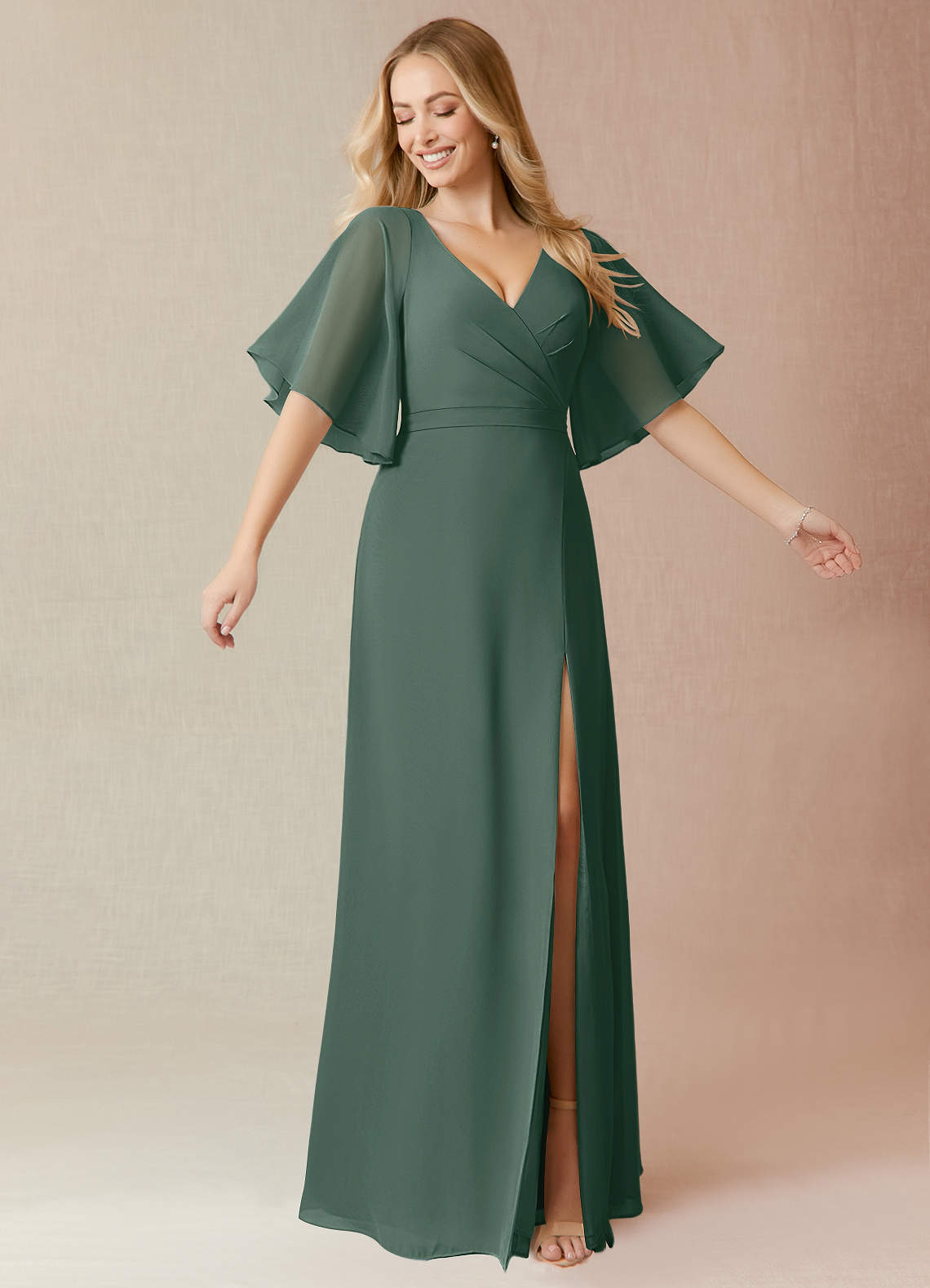 Azazie Cierra Bridesmaid Dresses Sea Moss A-Line V-Neck Chiffon Dress image1