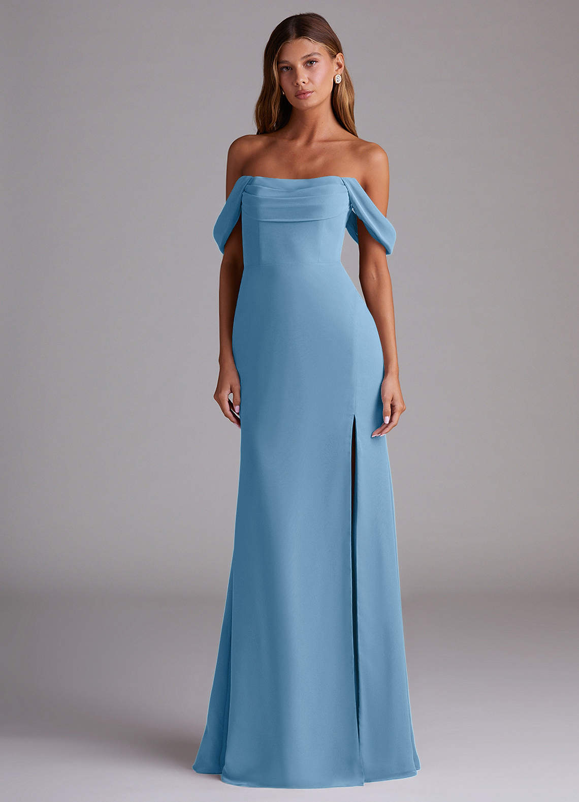Azazie Saige Bridesmaid Dresses Steel Blue A-Line Off the Shoulder Chiffon Convertible Dress image2