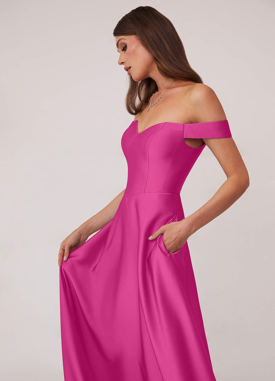Barbie ♥ Azazie Vestidos de damas de honor Vestido de Fucsia de Satén Elástico de Corte en A Convertible con Vestidos sin tirantes image4