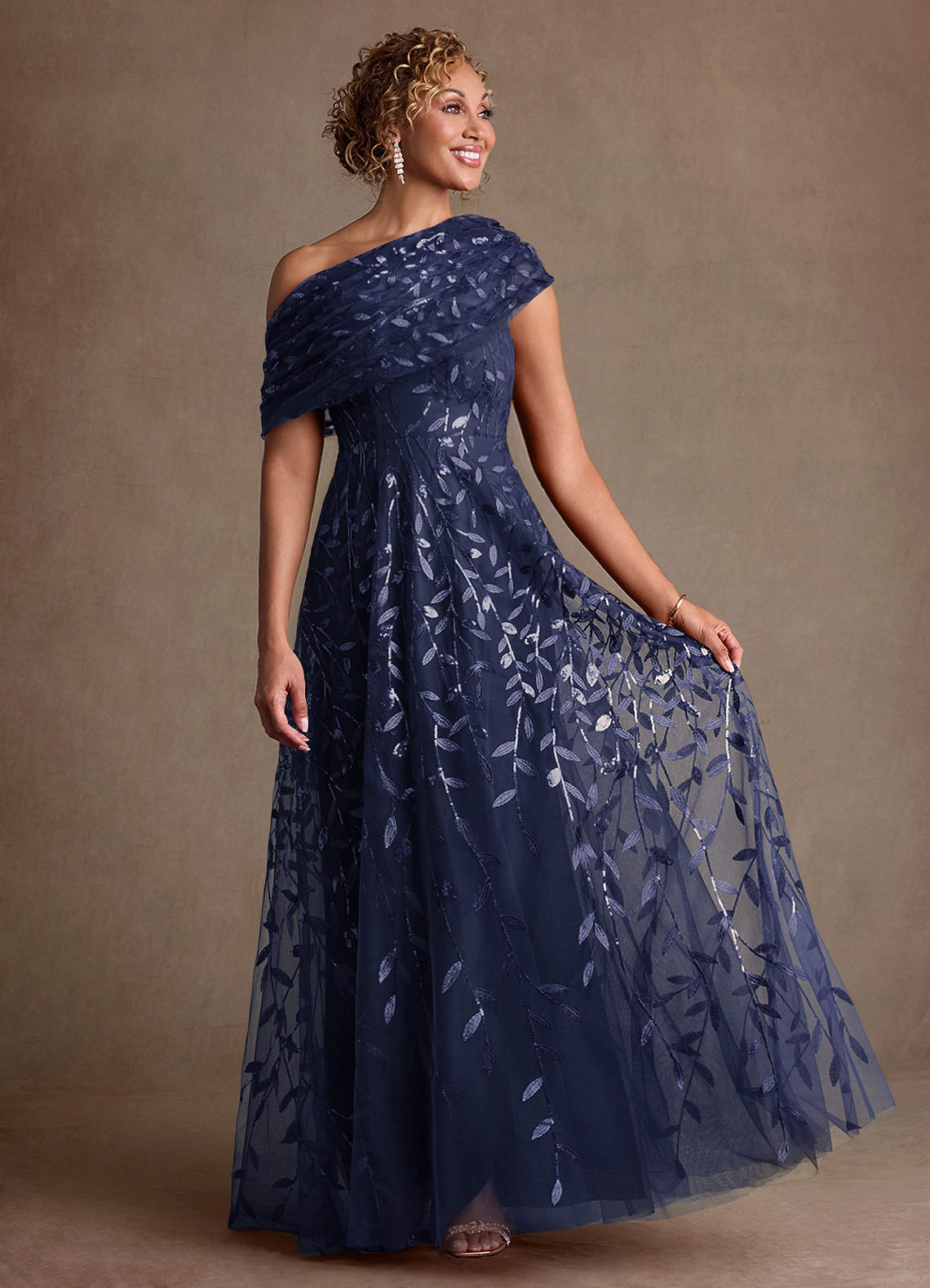 Azazie Sidney Mother of the Bride Dresses Dark Navy A-Line Off the Shoulder Lace Dress image3