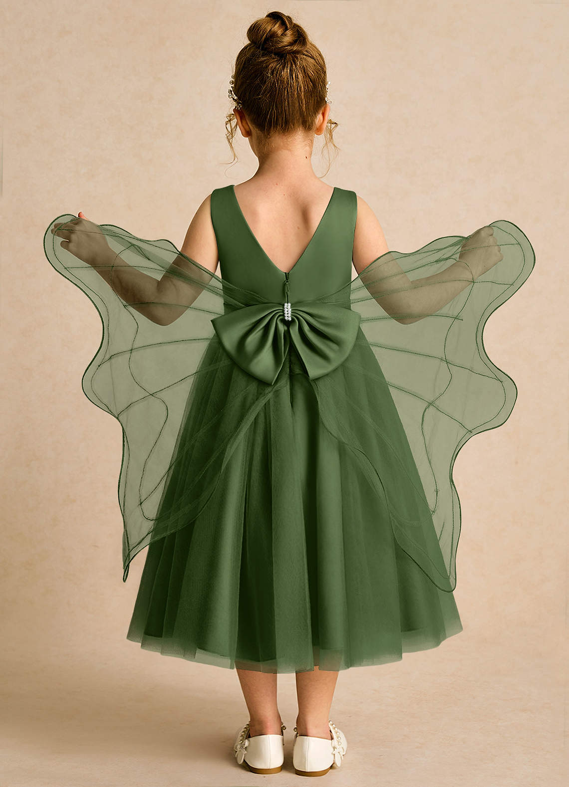 Azazie Pear Flower Girl Dresses Olive Ball-Gown Bow Tulle Dress image1
