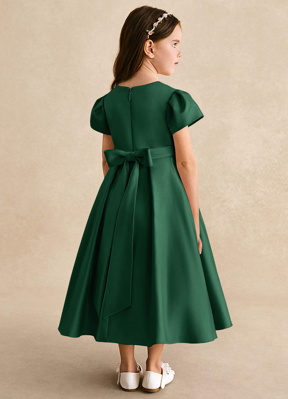 Azazie Princess Flower Girl Dresses Dark Green A-Line Pleated Matte Satin Dress image1