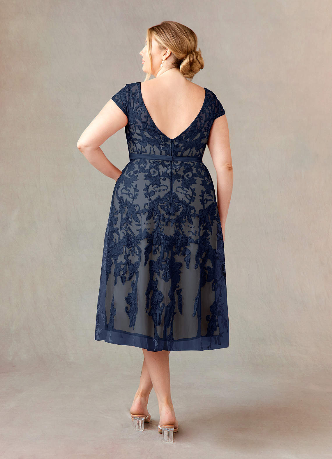Azazie Sanna Mother of the Bride Dresses Dark Navy Champagne A-Line Scoop Lace Tulle Dress image7