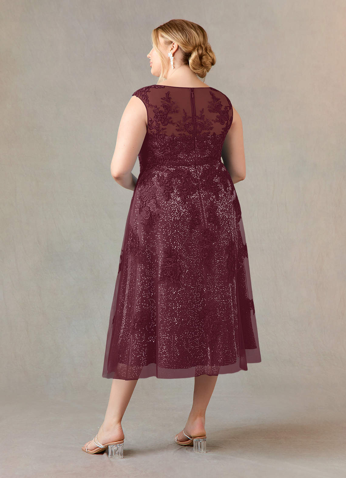 Azazie Flynn Burgundy A-Line Boatneck Lace Tulle Dress Ready to