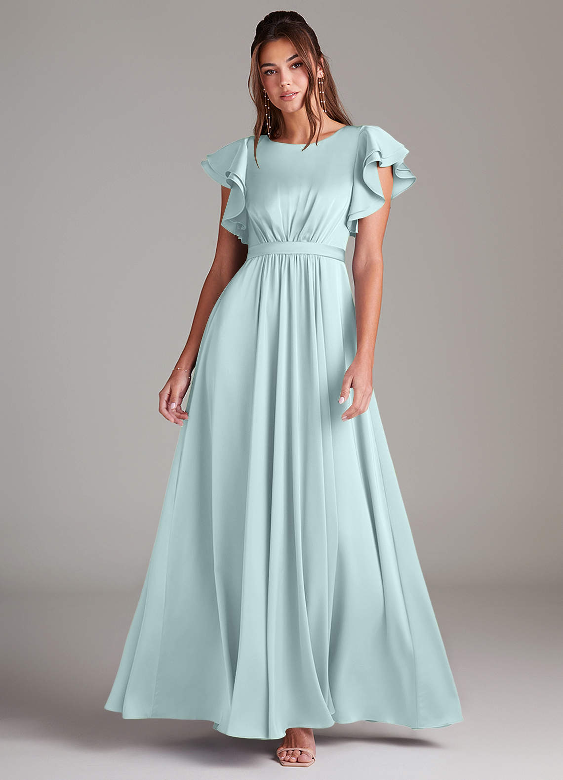 Azazie Daphne Modest brudtärna klänningar Klänning A-Linje Ruched Golvlängd Stretch Satin image1