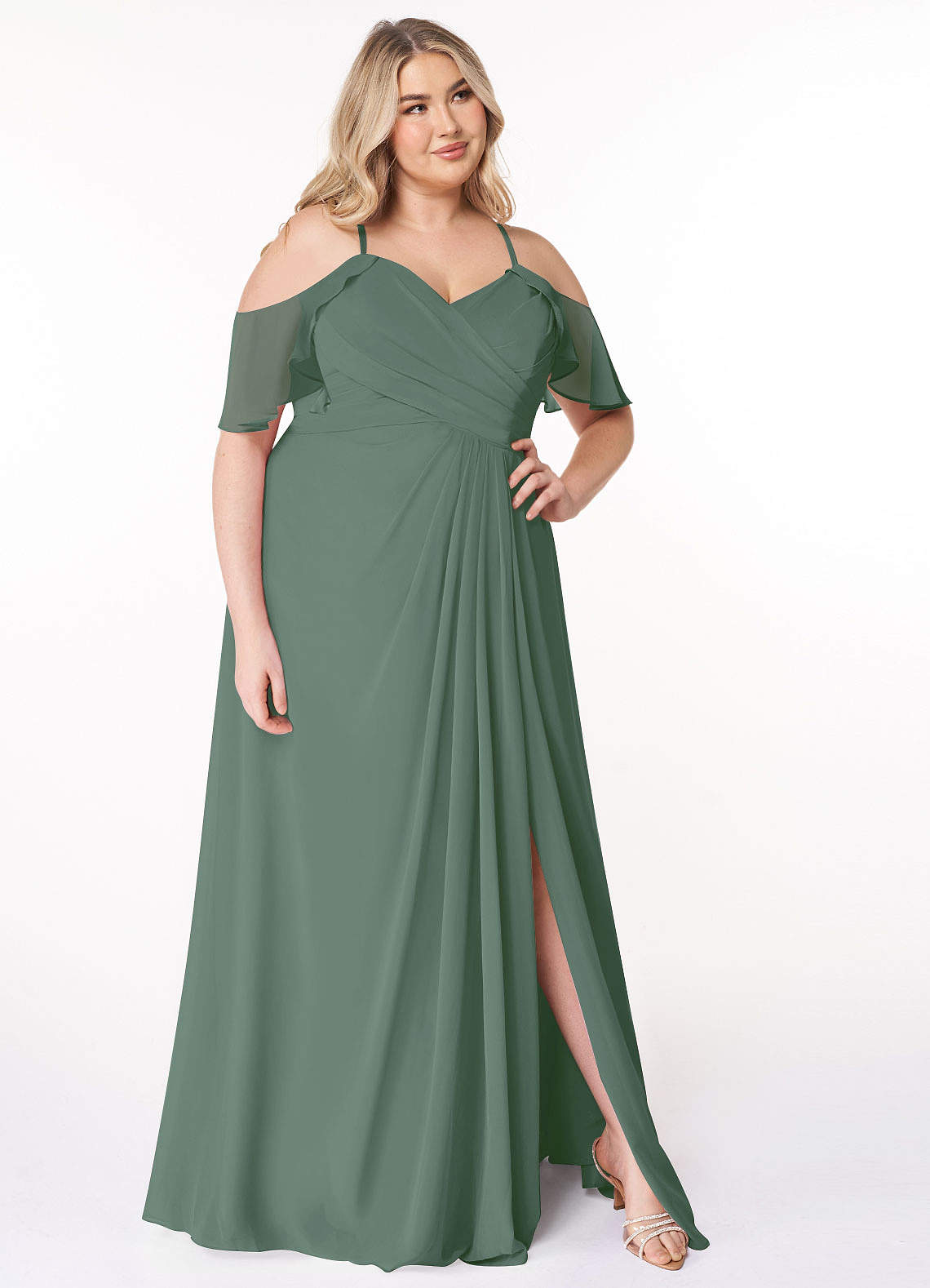 Azazie Plus Size A-Line V-Neck Floor-Length Chiffon Bridesmaid Dresses - Eucalyptus