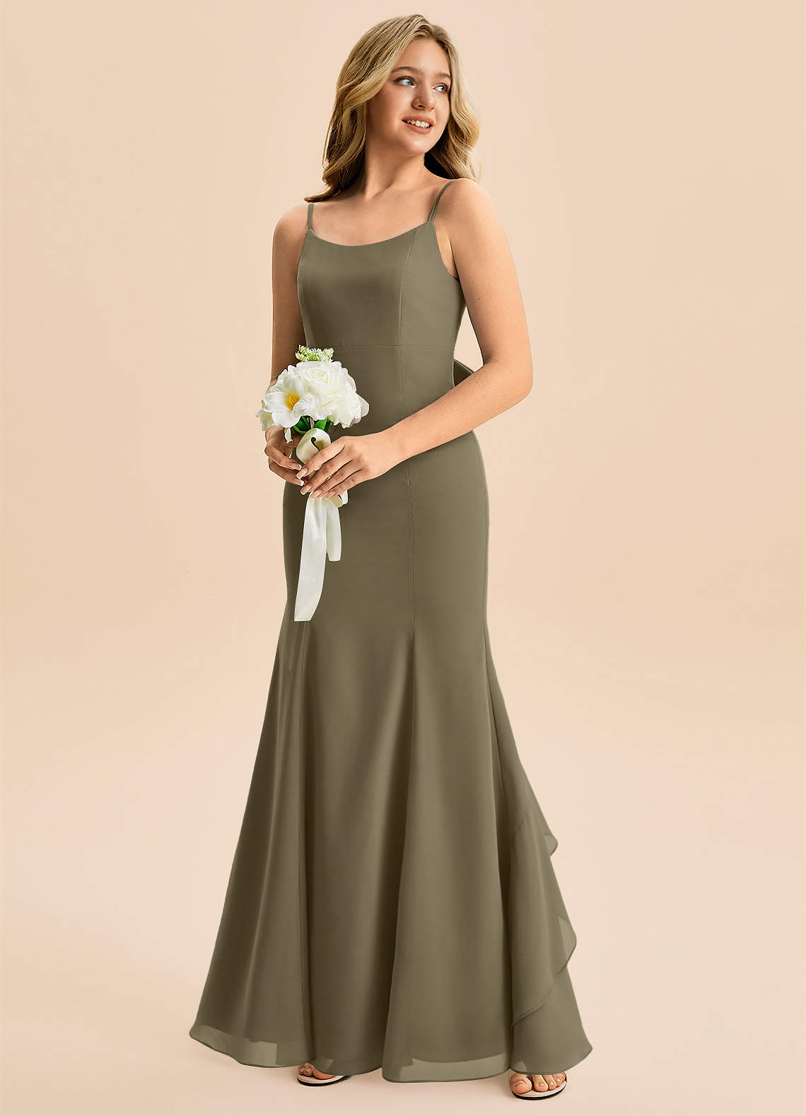 Azazie Lioren Junior Willow Green Mermaid Bow Chiffon Dress image3