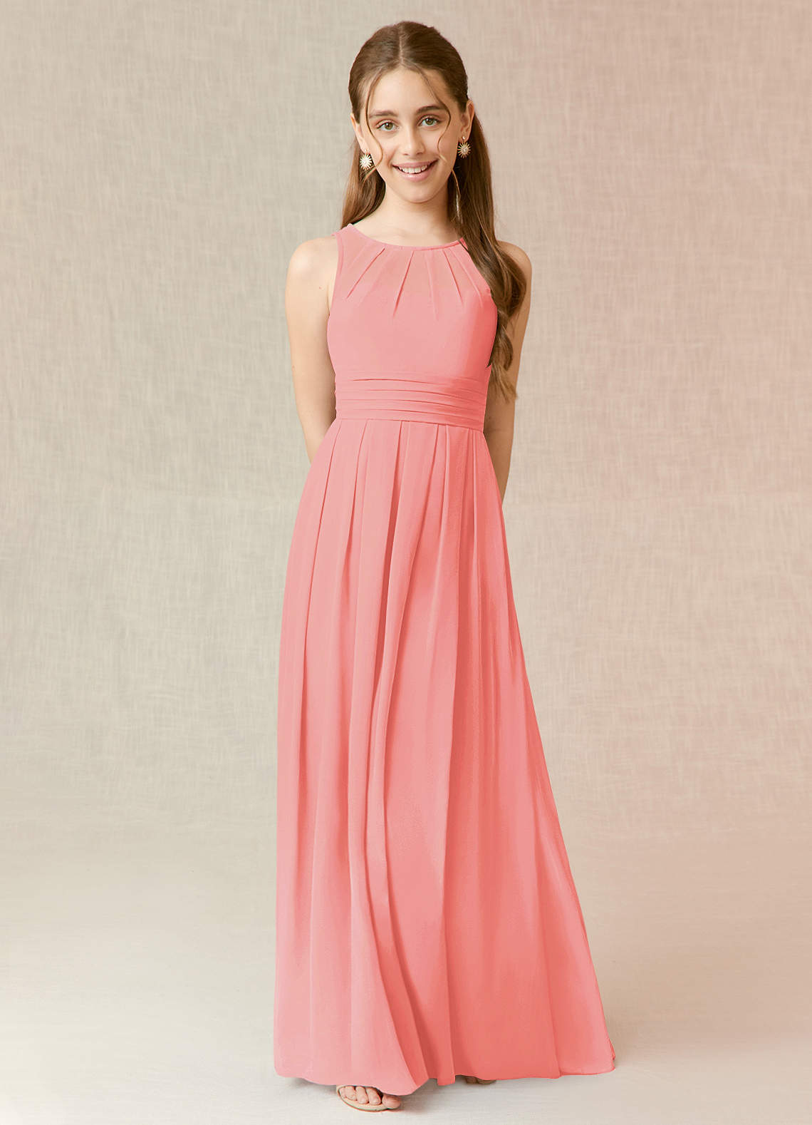 Azazie Bibiane Junior Coral A-Line Pleated Chiffon Dress image1