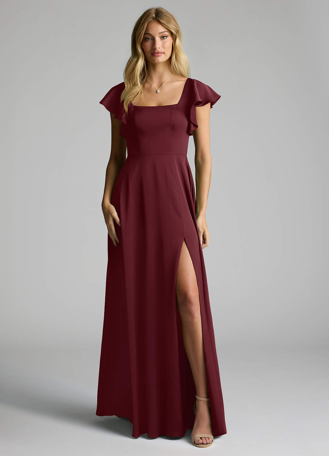 Azazie Bondi Vestidos de madrinha de casamento Vestido Cabernet de Cetim elástico de Linha A com Arco image4