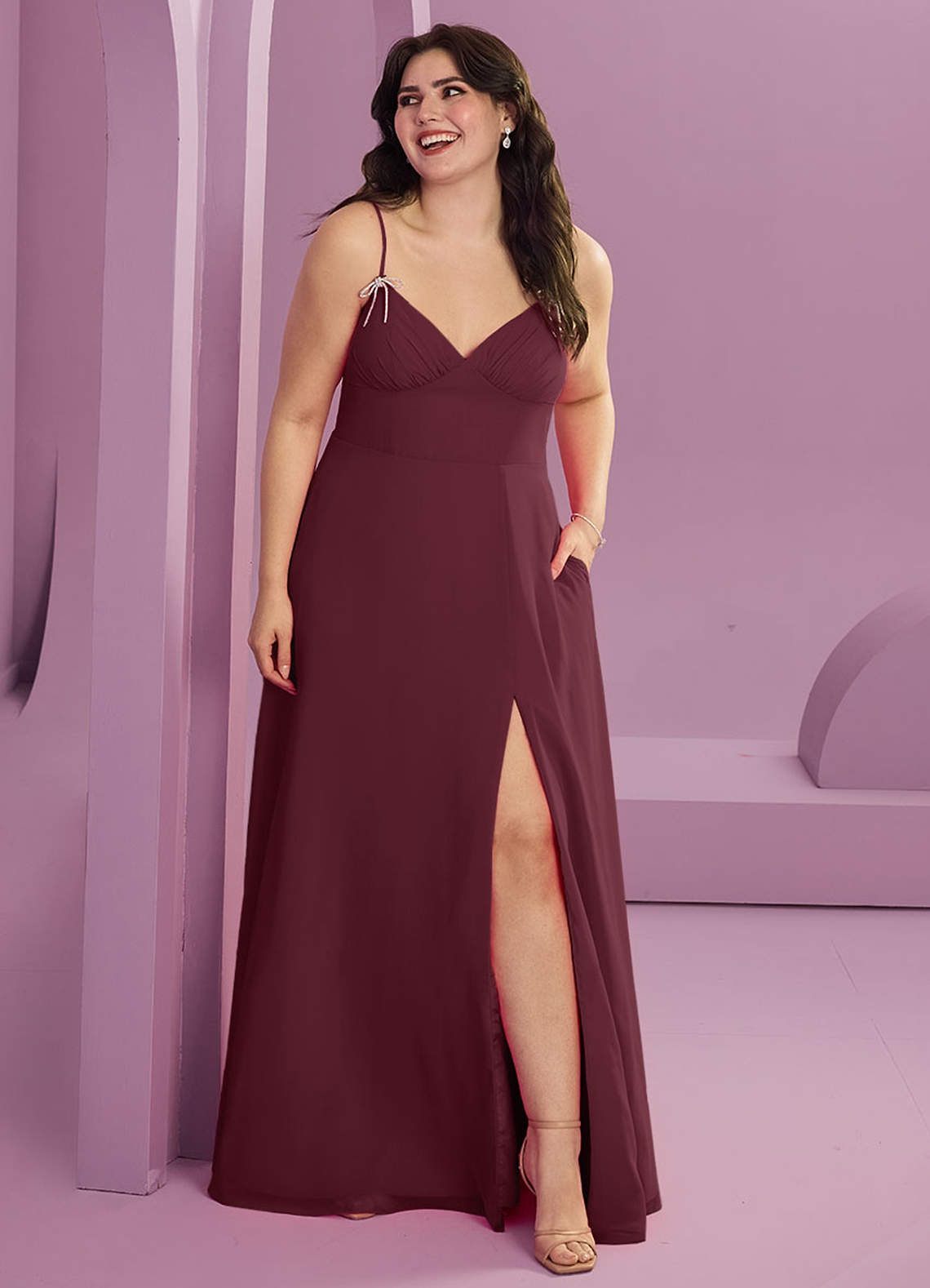 Barbie ♥ Azazie Jurken voor bruidsmeisjes Jurk van Chiffon met A-Lijn met Zakken Cabernet image1