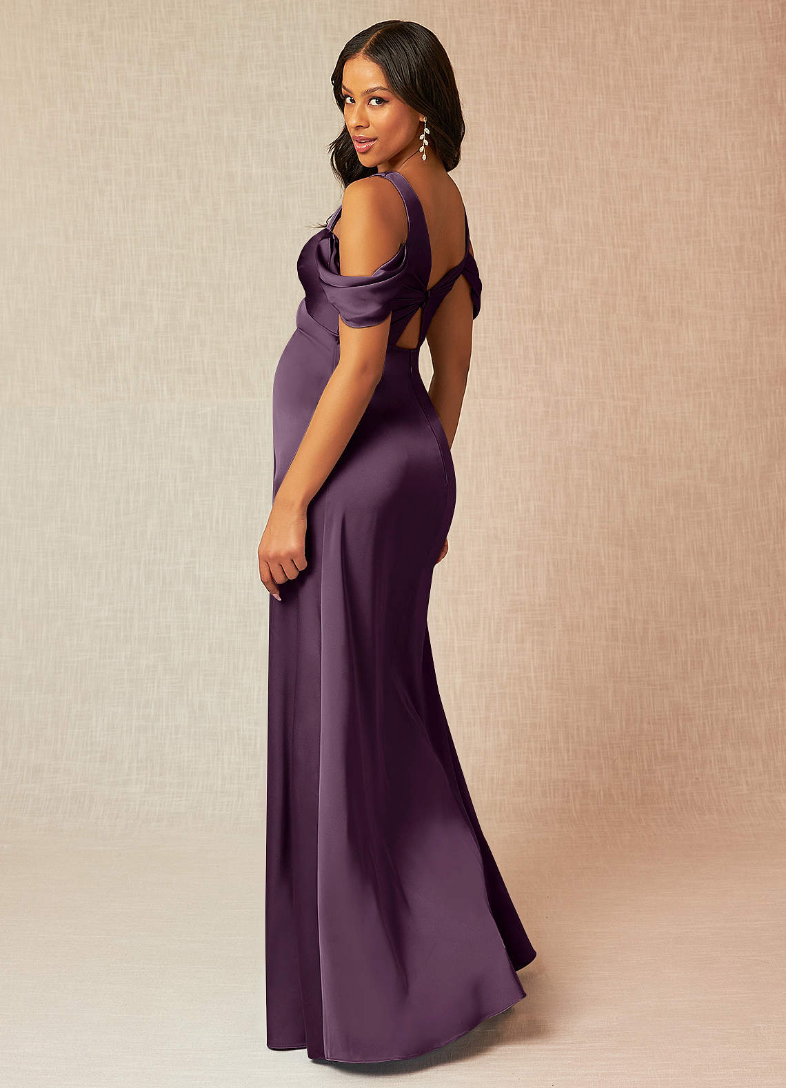 plum maternity bridesmaid dresses Azazie Rhea Stretch Satin Dress Corporate Goth BLUE AND WHITE STRIPED Color:Oxblood A flutter sleeve empire