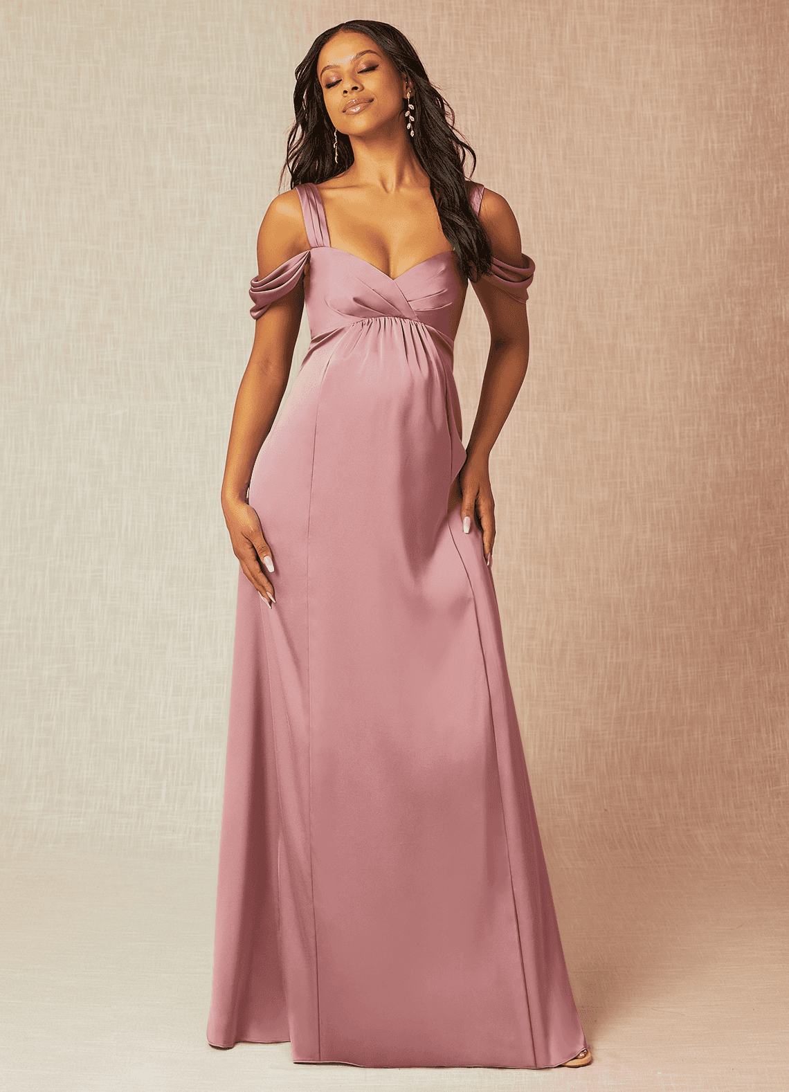 Azazie Rhea Maternity Bridesmaid Dresses A-Line Off-The-Shouler Pleated Stretch Satin Floor-Length Dress image3