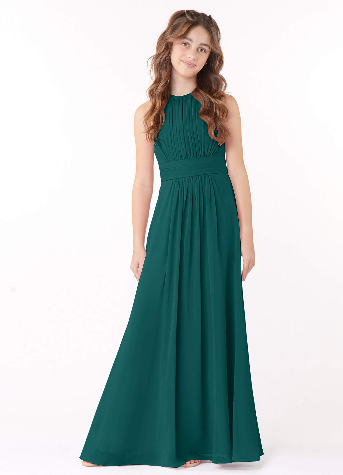 Azazie Bonnie Junior Peacock A-Line Pleated Chiffon Dress image1