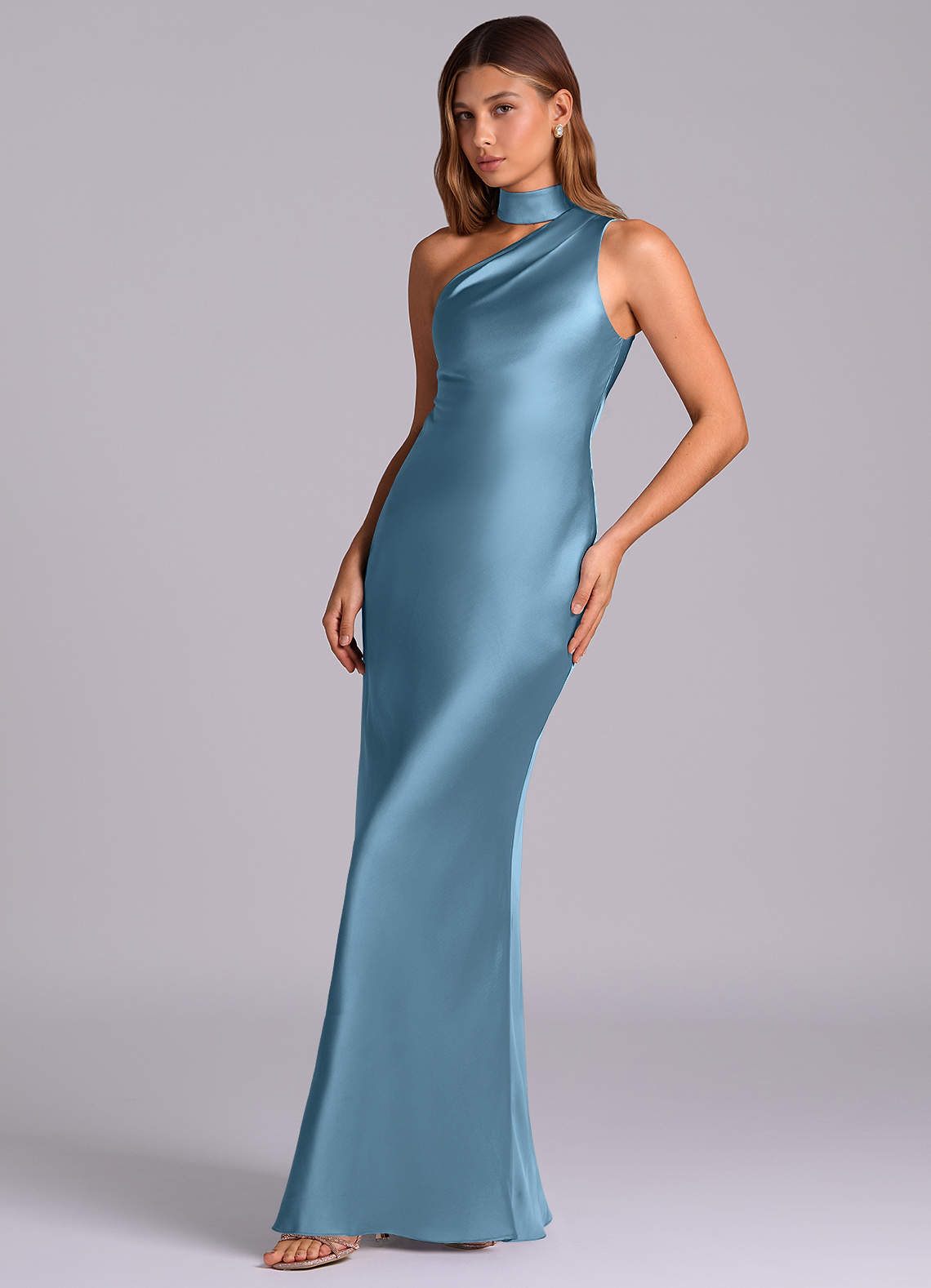 steel blue satin bridesmaid dresses Azazie Seona