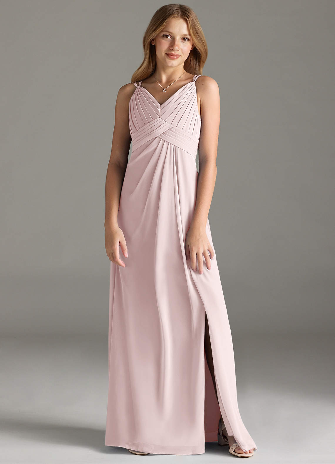Azazie Maren Allure Junior Vestido de Rosa Rubor de Gasa de Corte en A con Encaje image1