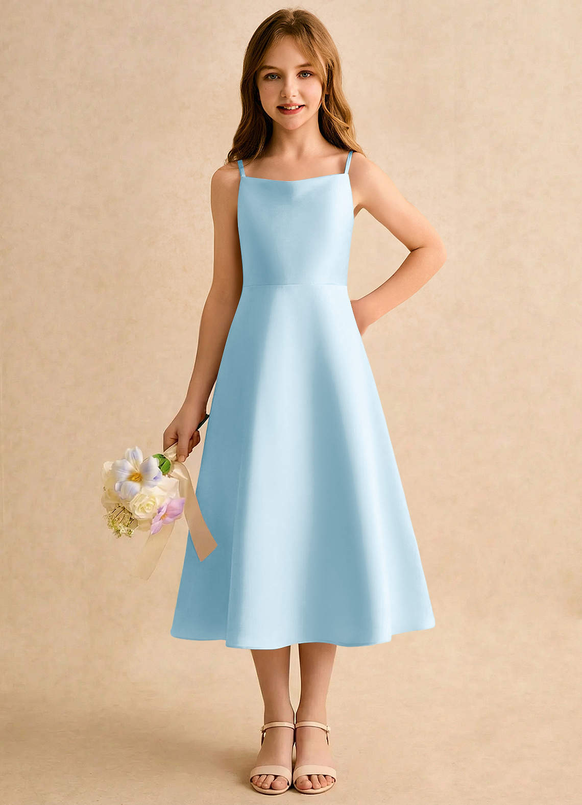 Azazie Jaella Girls Formal Sukienki dla dziewczynek sypiących kwiaty Linia A Pofałdowany Matowy satynowy Długość herbaty Sukienka image4