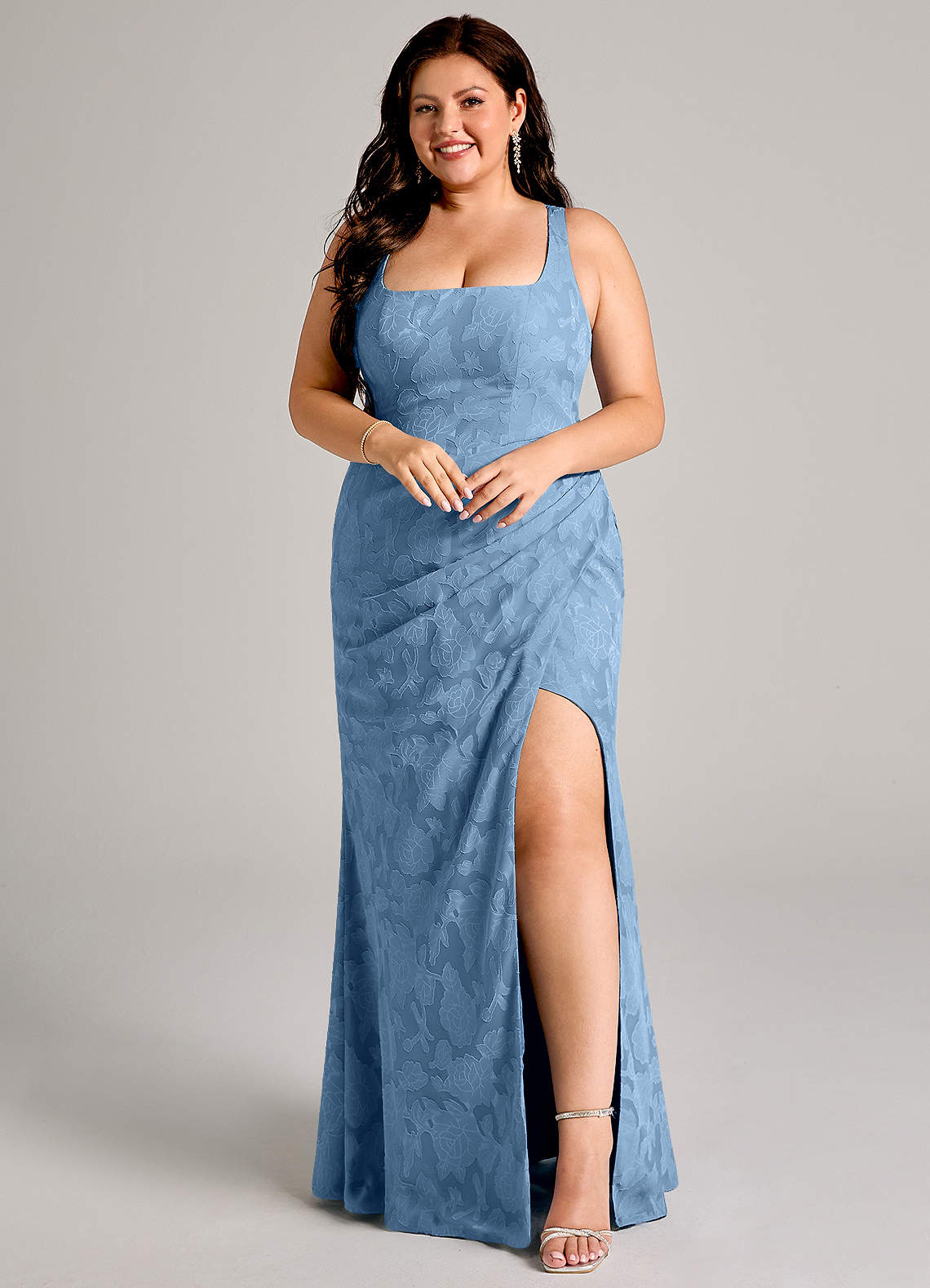 Azazie Mero Bridesmaid Dresses Steel Blue Sheath Pleated Floral Burnout Dress image8