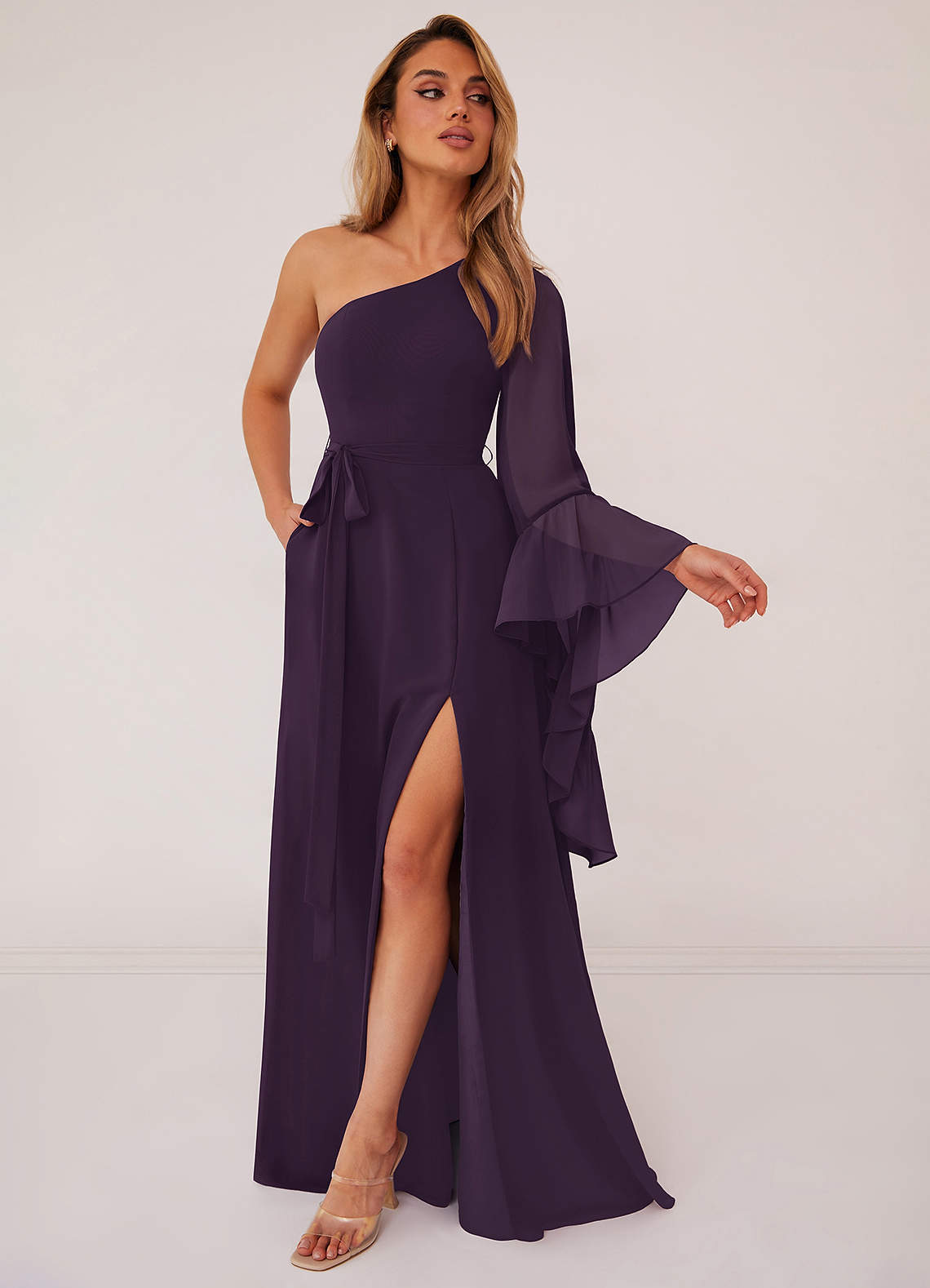One Shoulder Sleeveless Ruched Chiffon A-line Dress Grape
