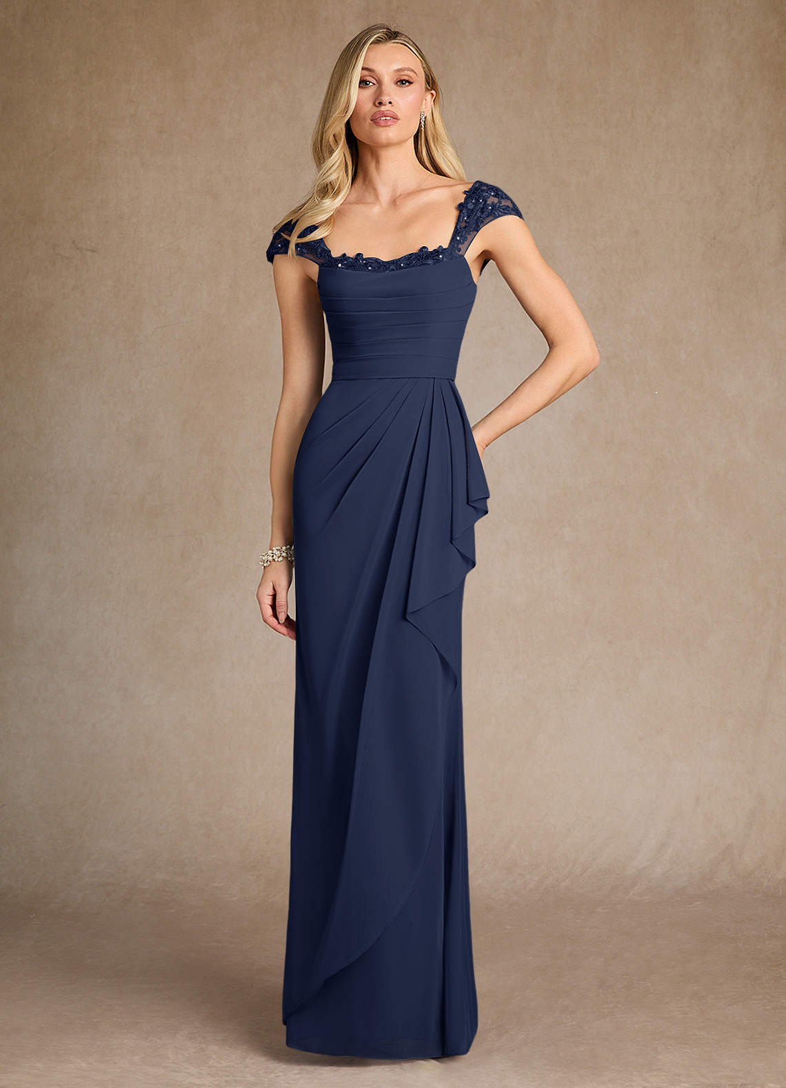 Azazie Belfast Mother of the Bride Dresses Dark Navy Sheath Lace Mesh Dress image1