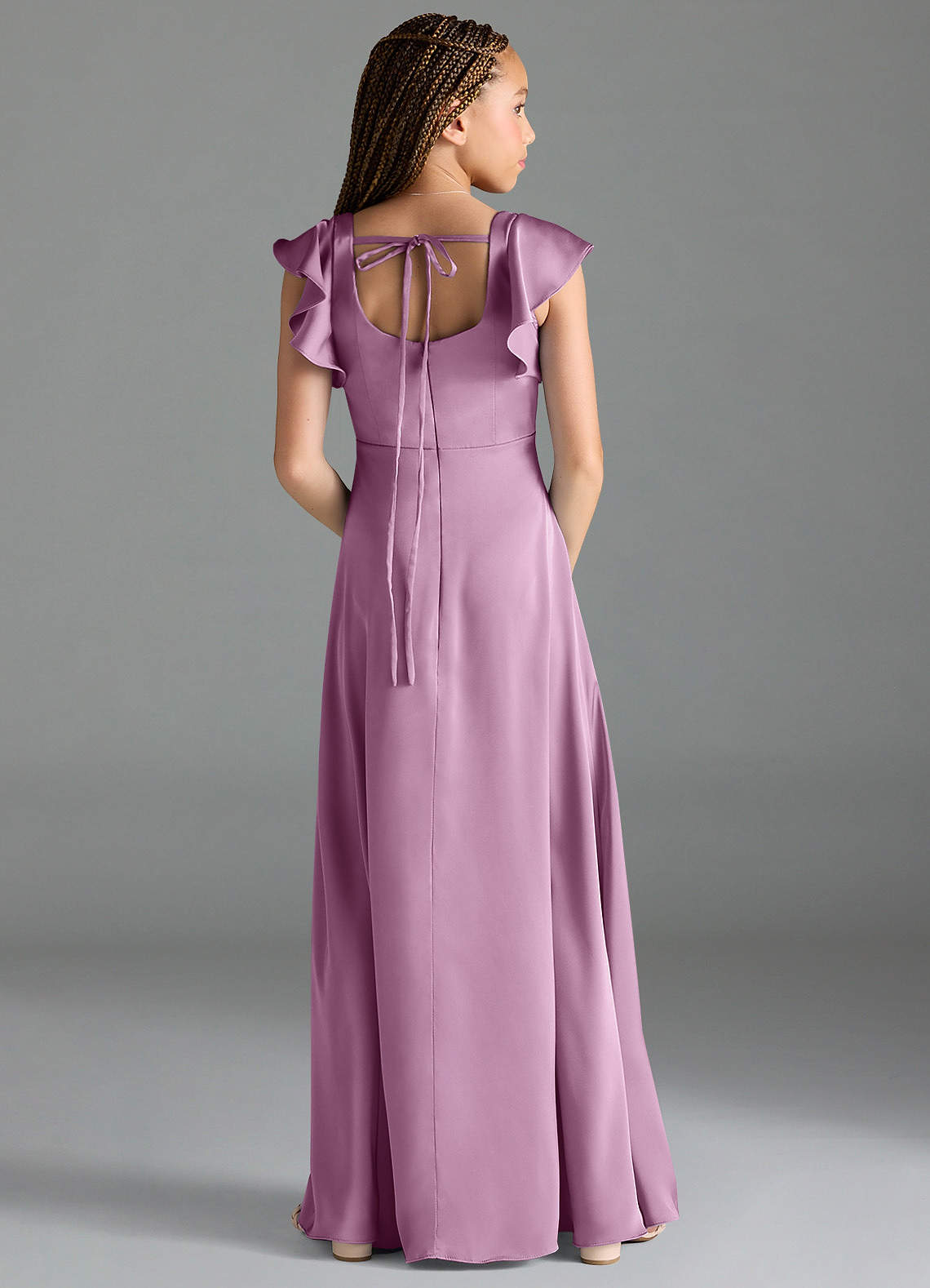 Azazie Bondi Junior Vestido Glicínia de Cetim elástico de Linha A com Fenda Lateral image1