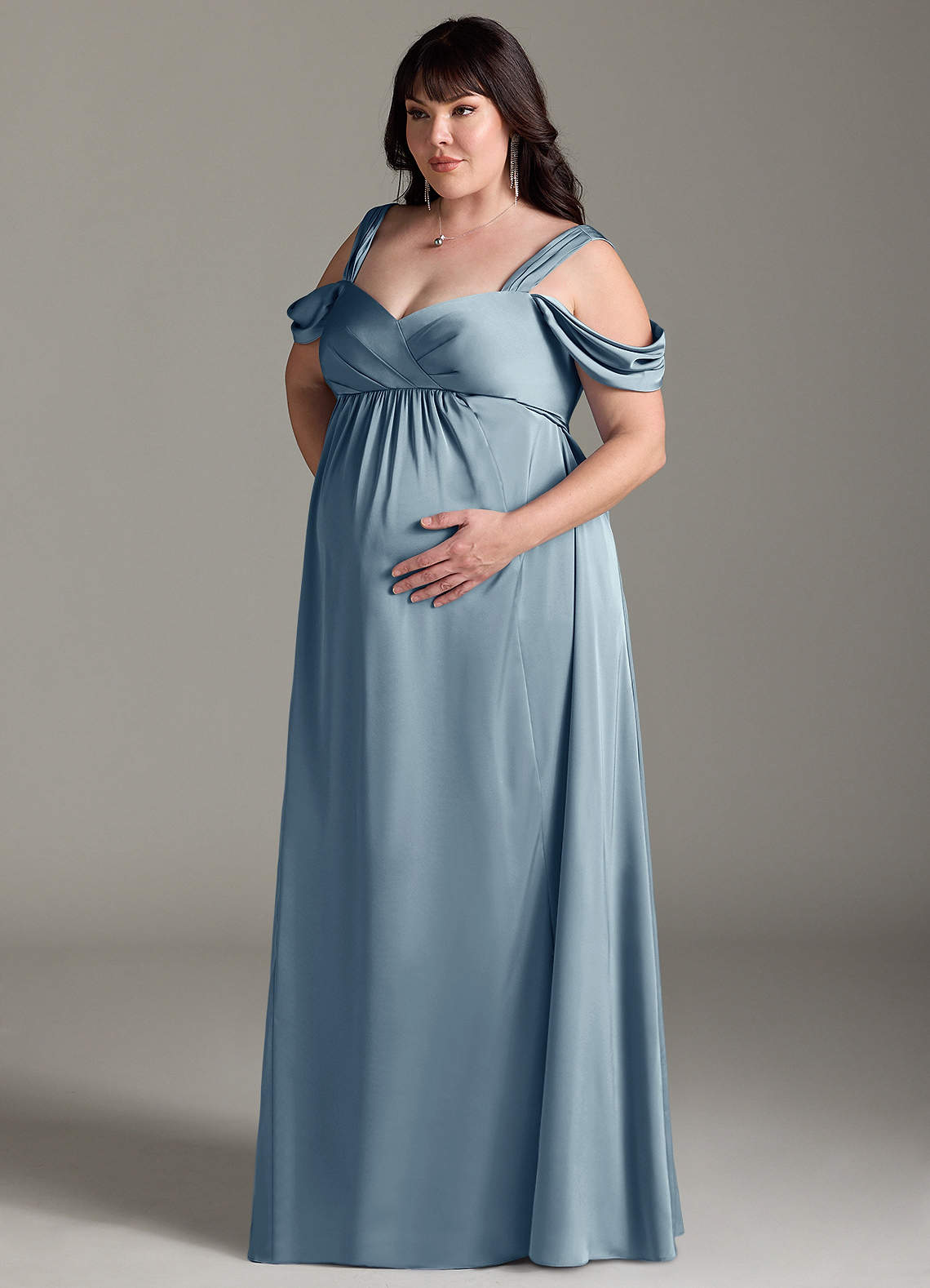 Azazie Rhea Maternity Bridesmaid Dresses A-Line Off-The-Shouler Pleated Stretch Satin Floor-Length Dress image10
