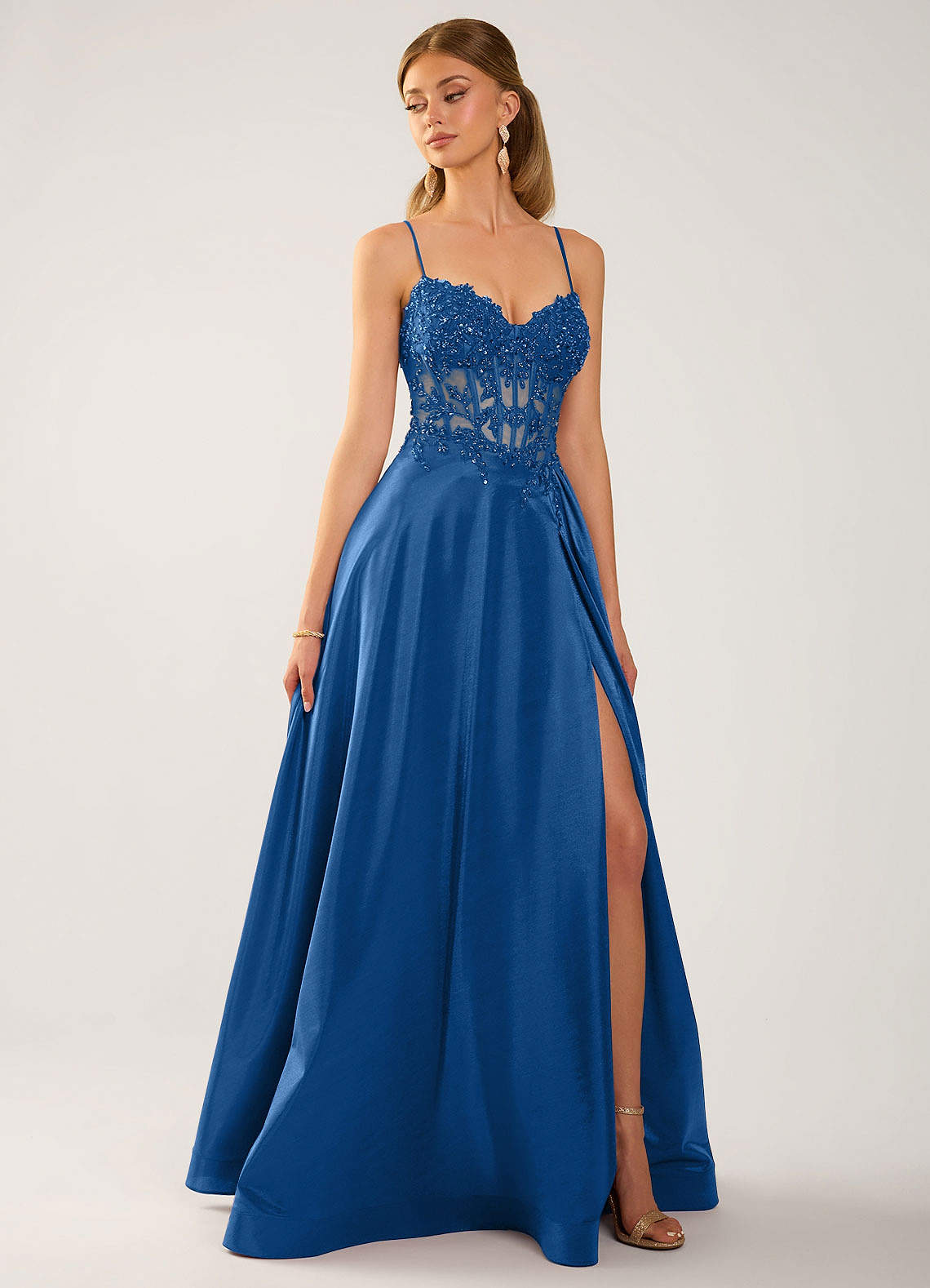 blue formal dress with slit Isoldemark Royal Corset Lace Satin Prom styleattribute-outerwear