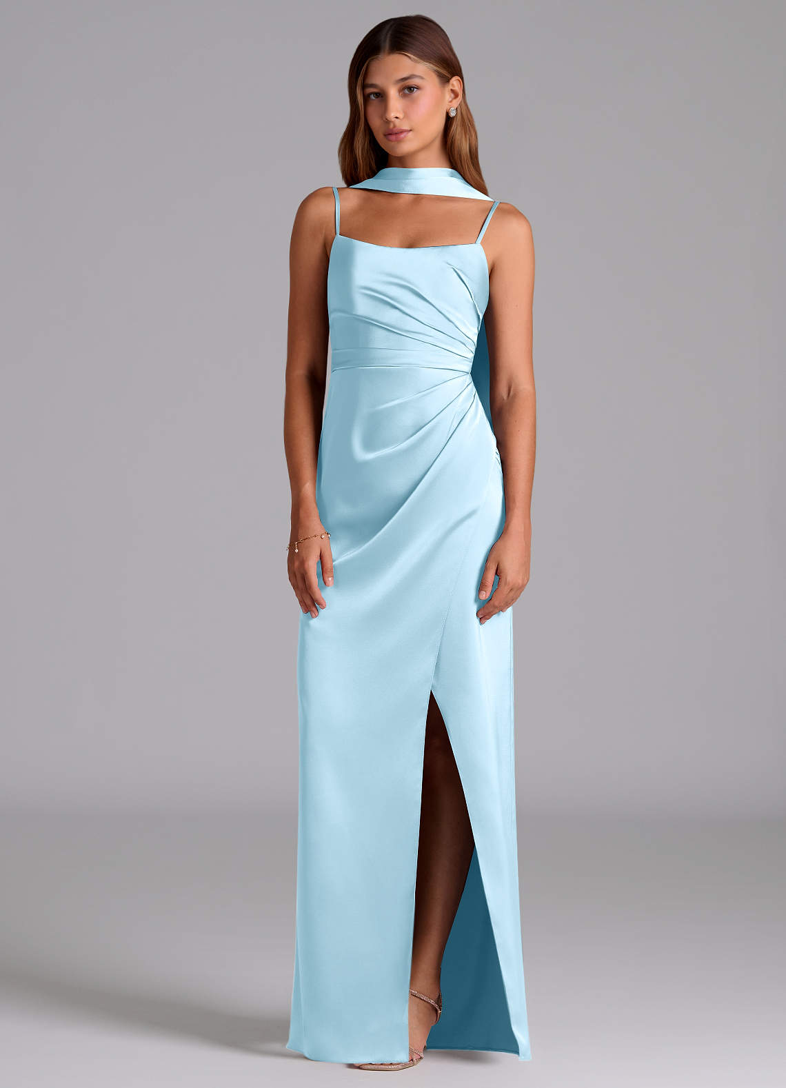 Azazie Calandra Brudtärnklänningar Klä av A-Linje i Stretch Satin Plisserad Himmelsblå image2