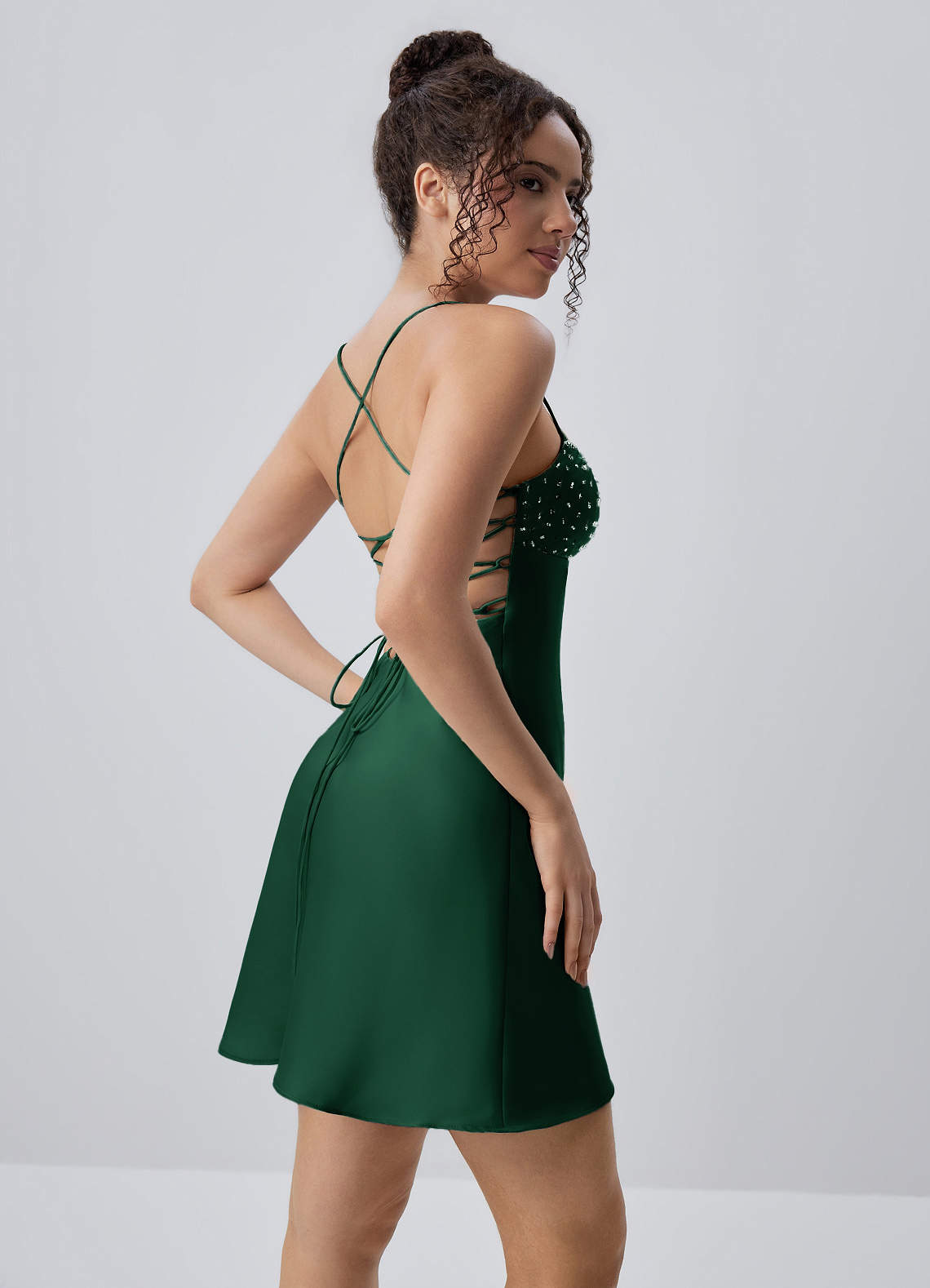 Joviannelle Emerald Green Beading Sequin Embroidery Satin Open Back Mini Dress