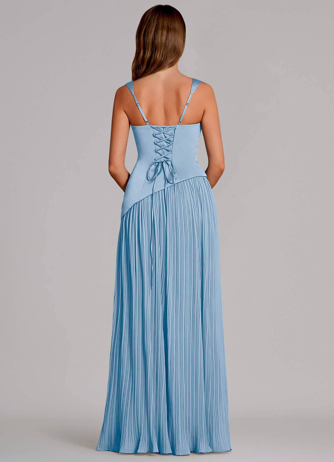 Azazie Stephanie Robes de demoiselle d'honneur Robe Trapèze en Satin extensible Plissée Poudre Bleue image4