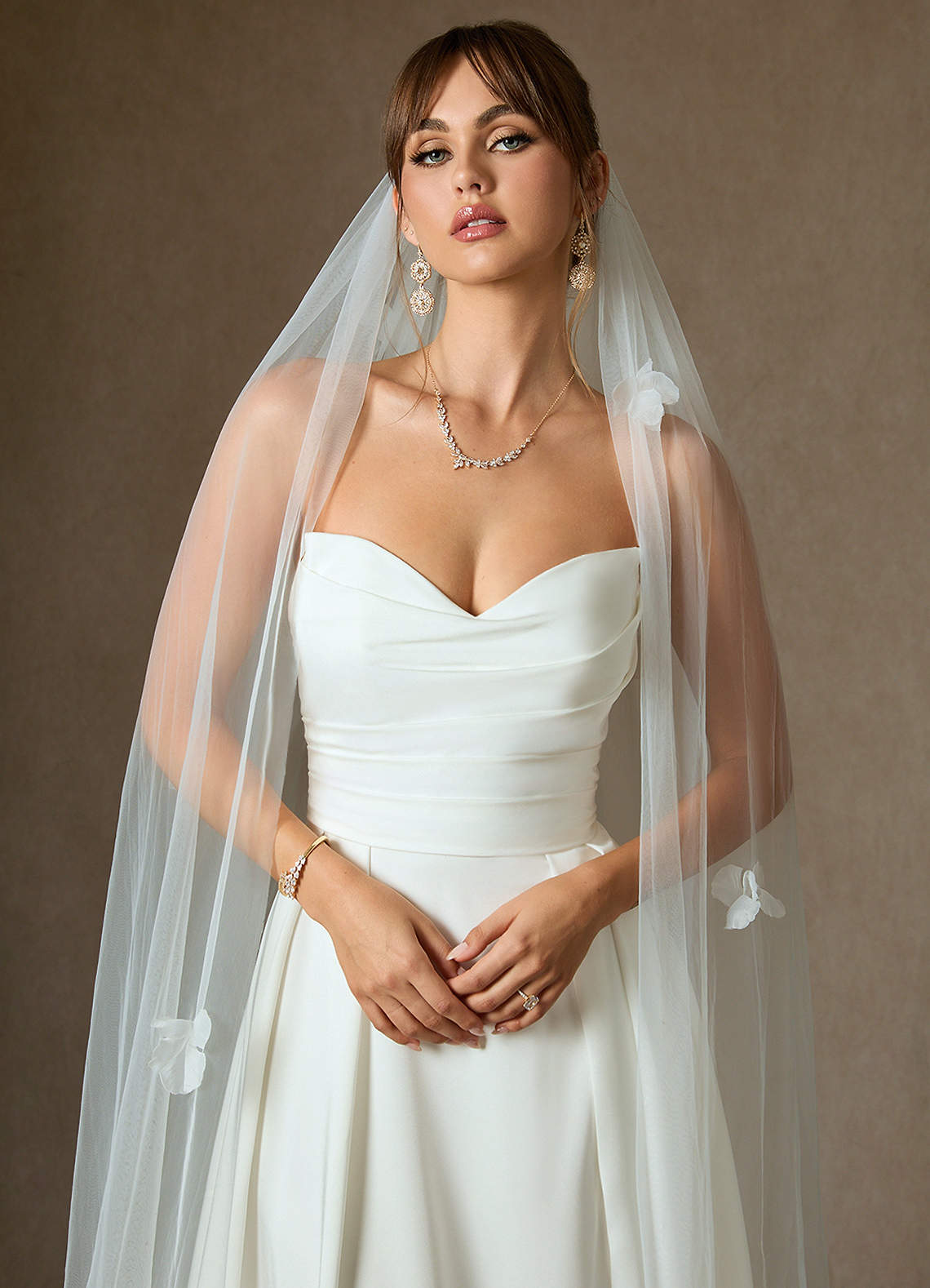 front Scattered 3D Flowers Cathedral Length Veil